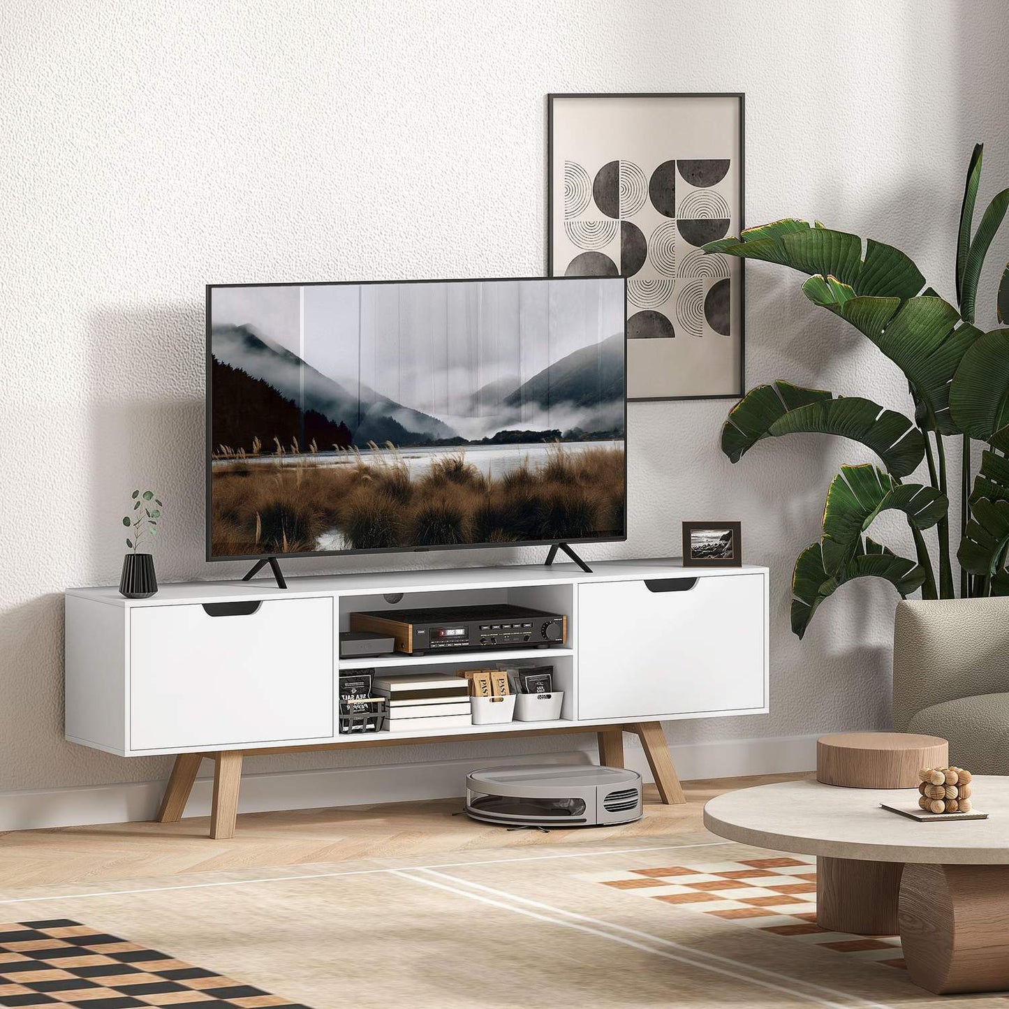 White TV bench, fits TVs up to 65", 2 cabinets and shelves