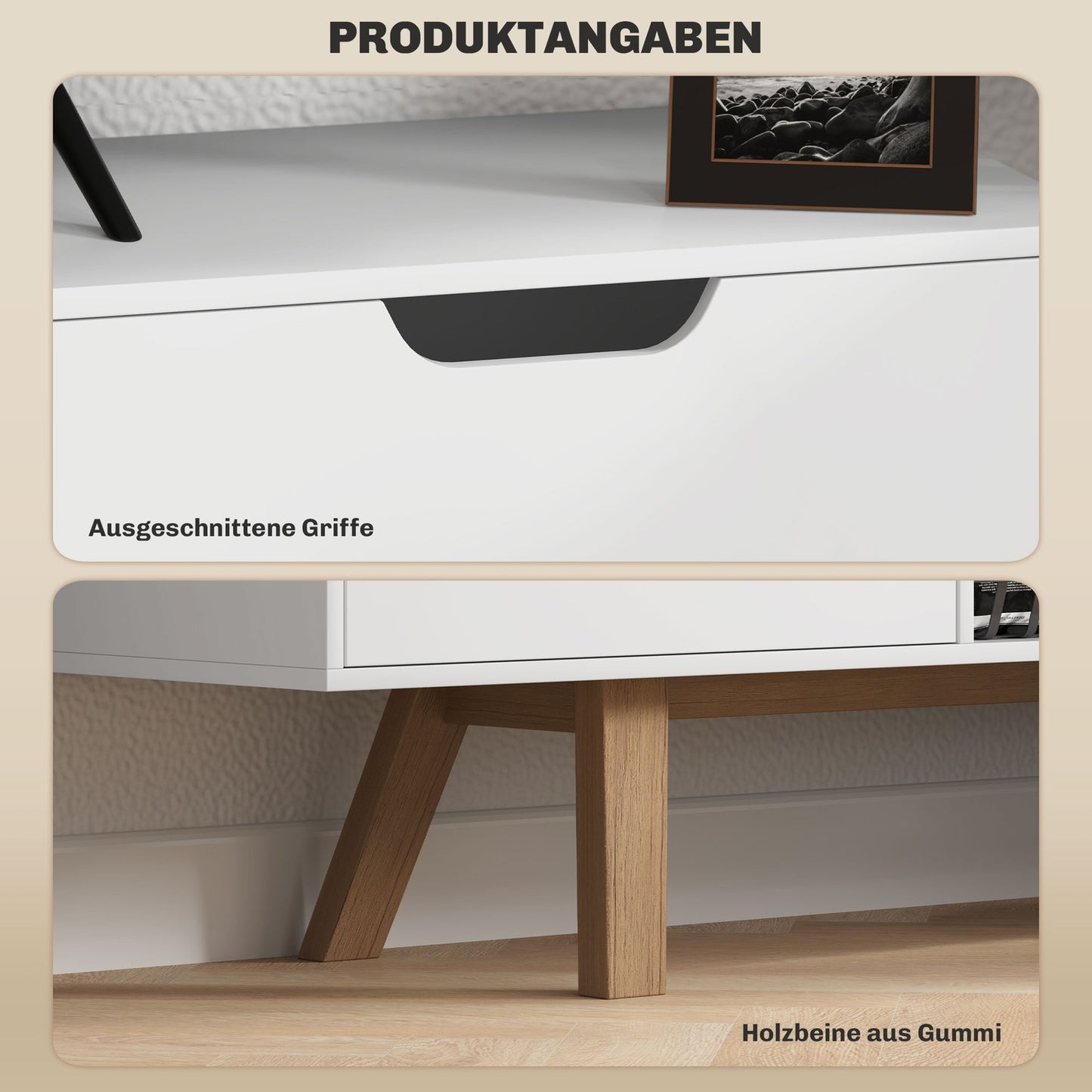 White TV bench, fits TVs up to 65", 2 cabinets and shelves