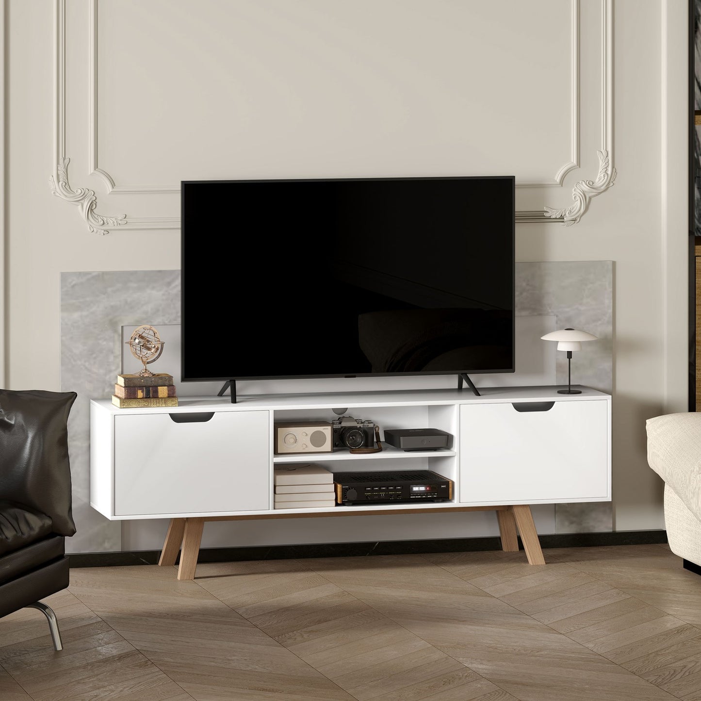 White TV bench, fits TVs up to 65", 2 cabinets and shelves