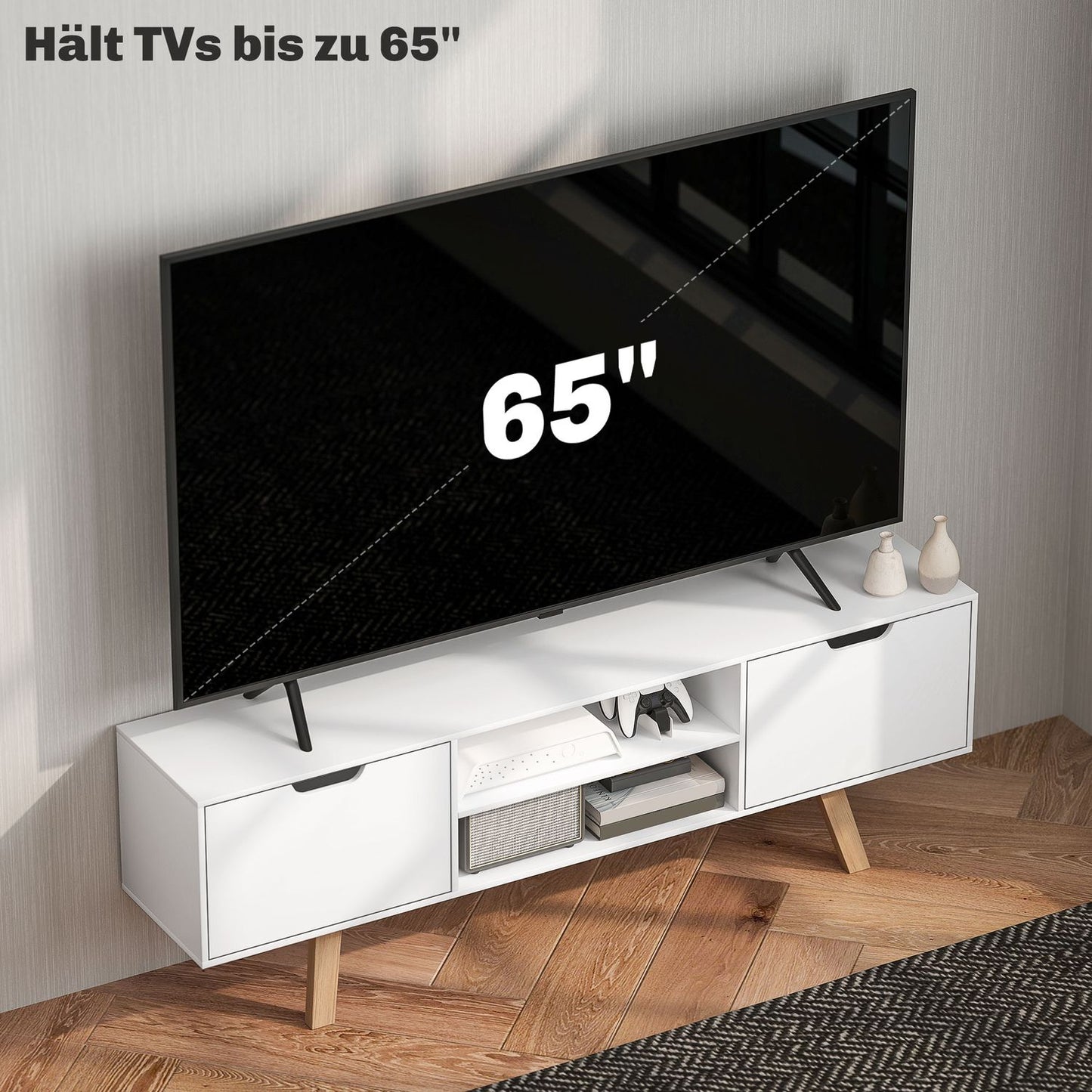White TV bench, fits TVs up to 65", 2 cabinets and shelves