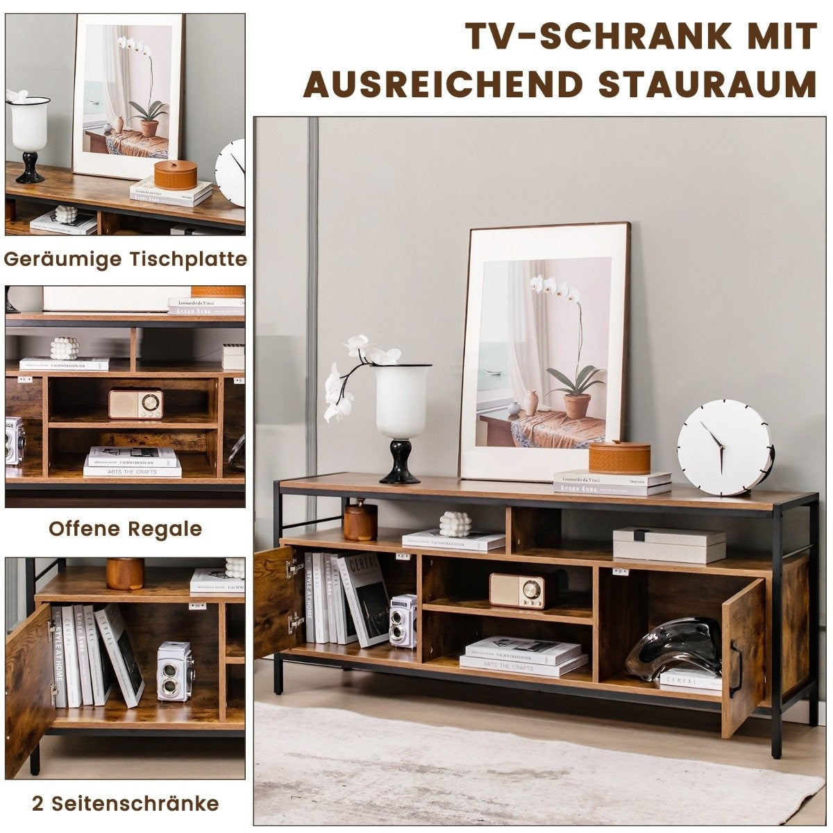 TV cabinet for TVs up to 65 inches lowboard with 2 doors & open compartments TV stand