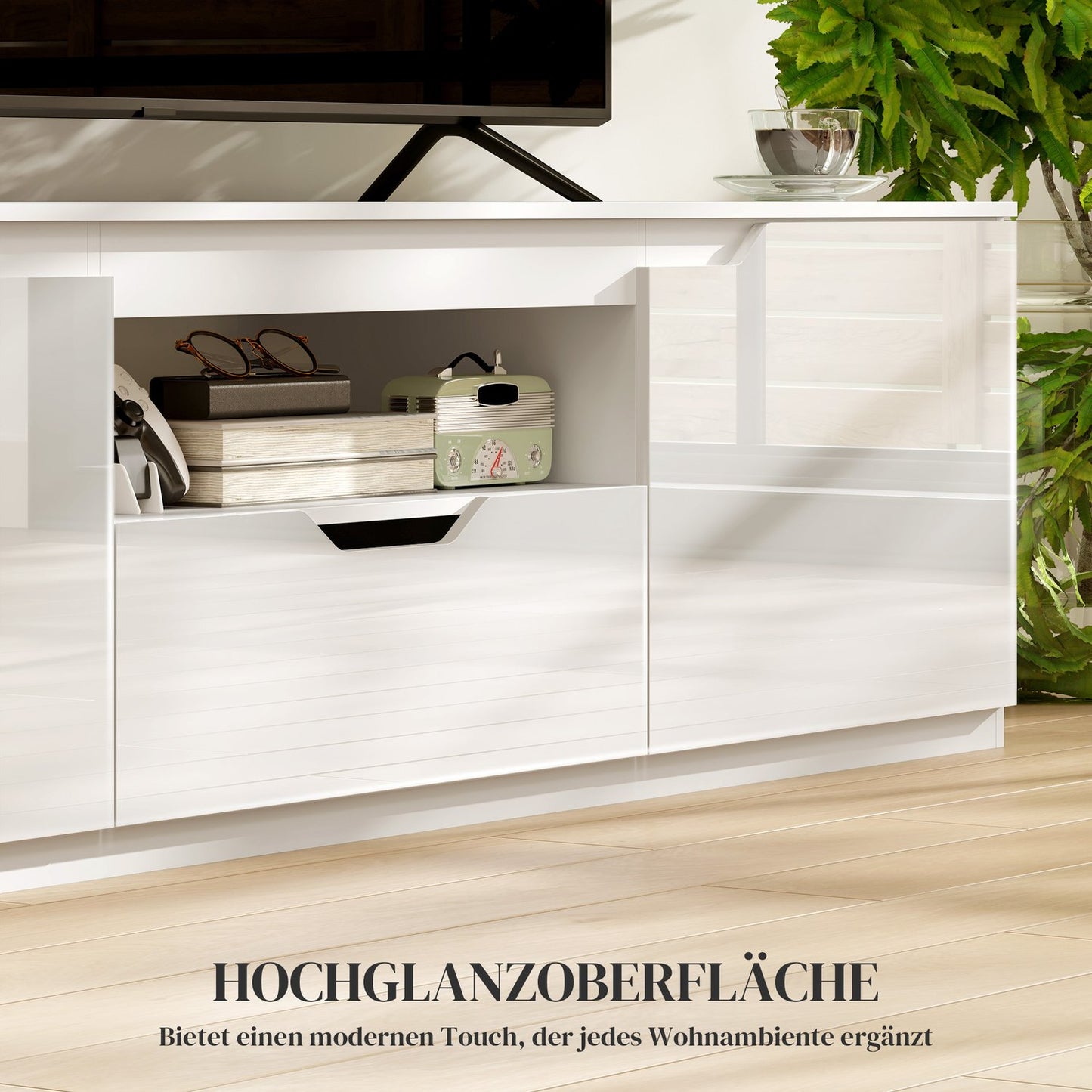 White TV cabinet - 160cm Lowboard, 2 doors, drawer