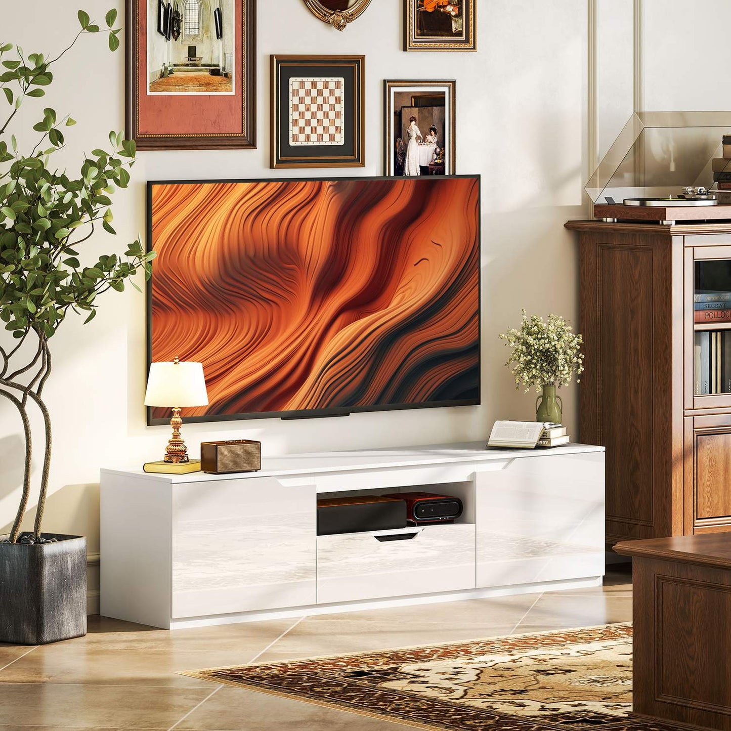 White TV cabinet - 160cm Lowboard, 2 doors, drawer