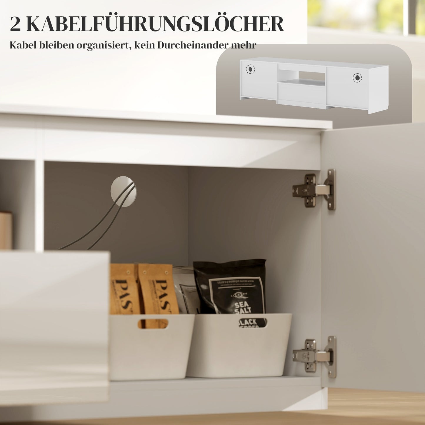 White TV cabinet - 160cm Lowboard, 2 doors, drawer