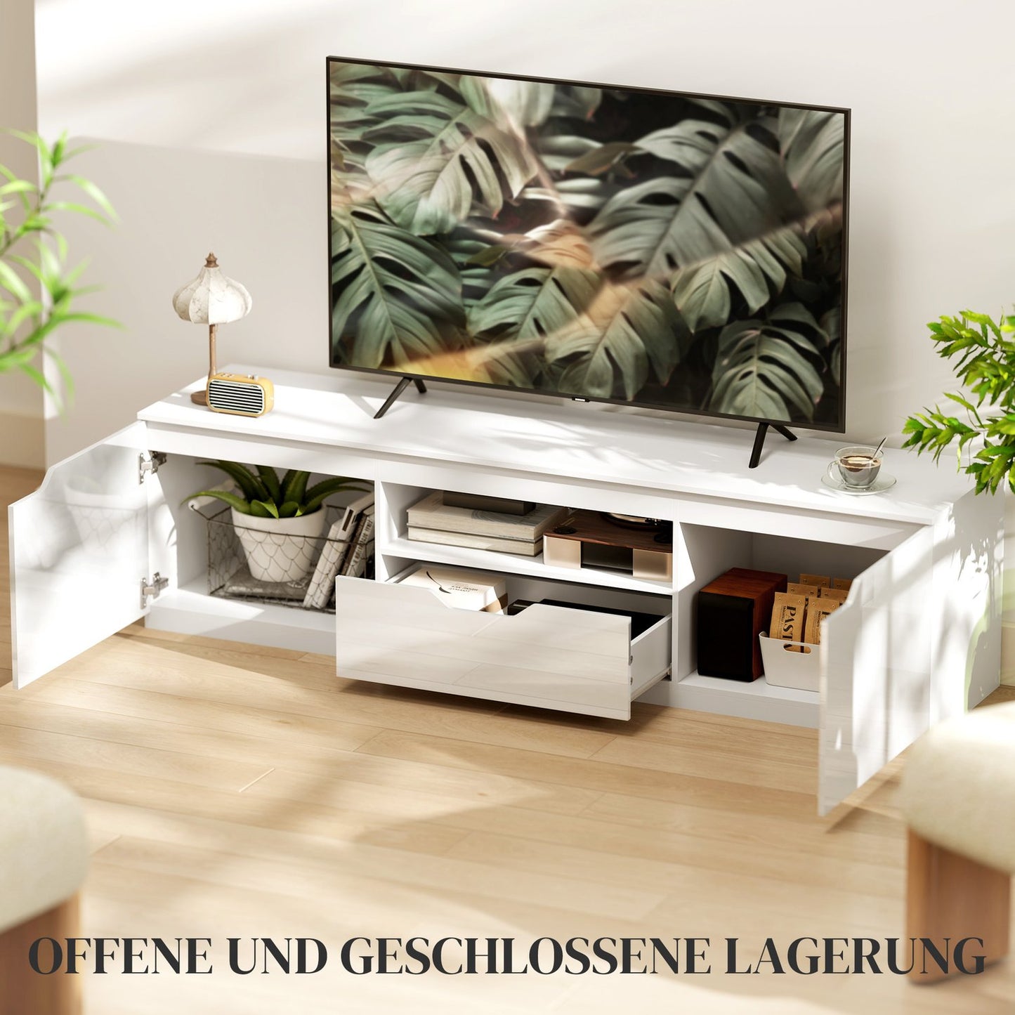 White TV cabinet - 160cm Lowboard, 2 doors, drawer