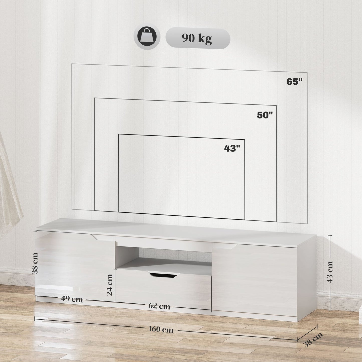 White TV cabinet - 160cm Lowboard, 2 doors, drawer