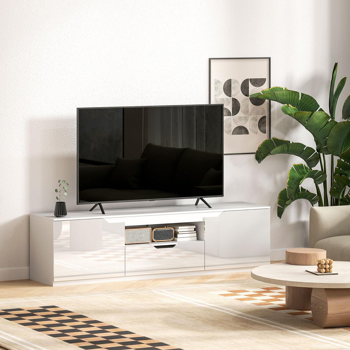 White TV cabinet - 160cm Lowboard, 2 doors, drawer