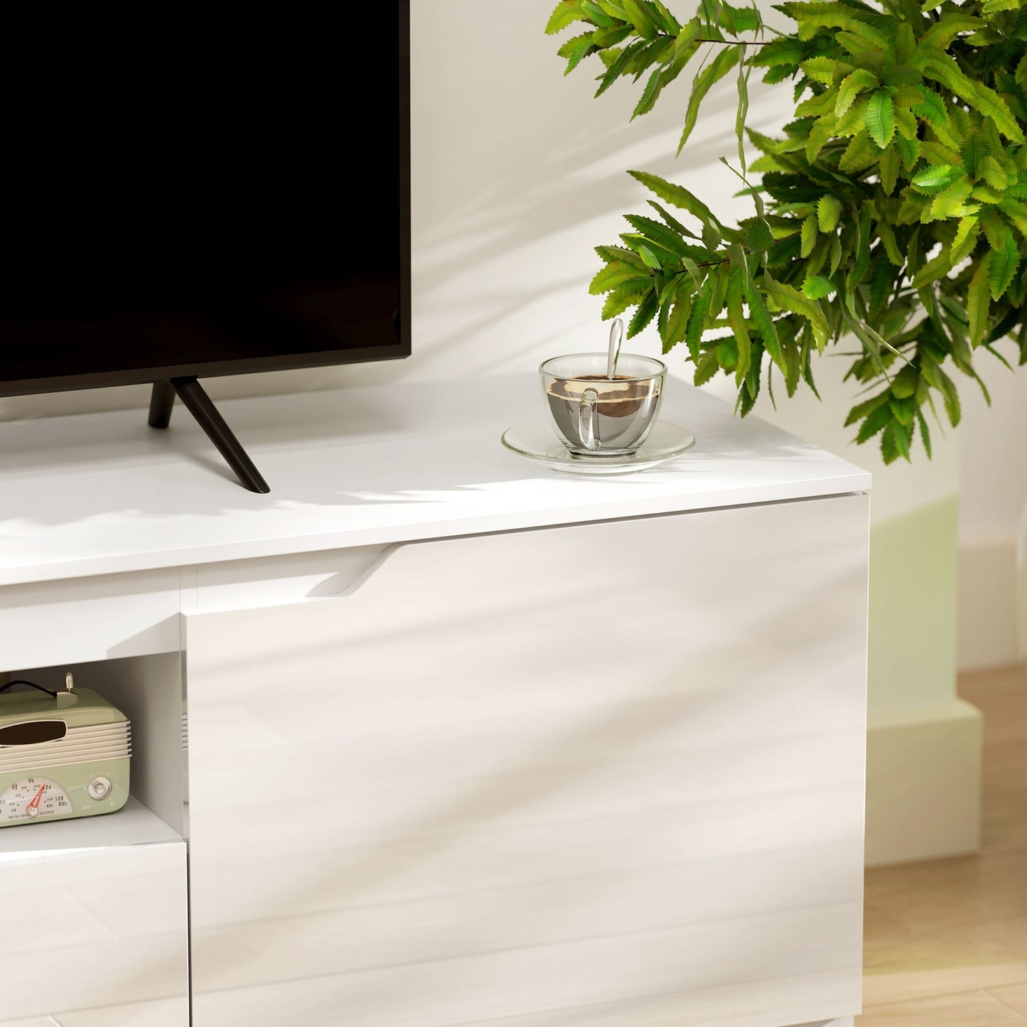 White TV cabinet - 160cm Lowboard, 2 doors, drawer