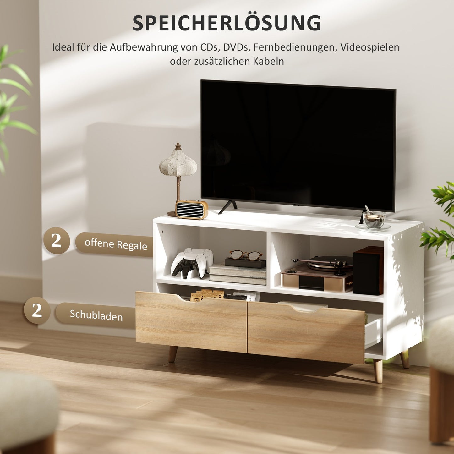 TV cabinet Lowboard, 99 cm, 2 shelves & Drawer, White