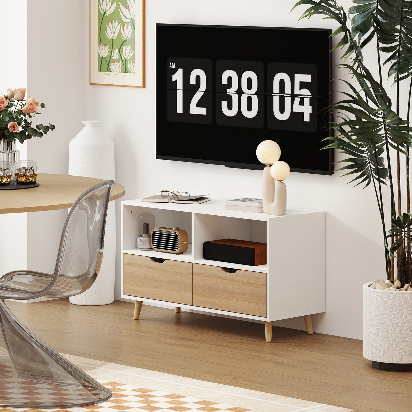 TV cabinet Lowboard, 99 cm, 2 shelves & Drawer, White