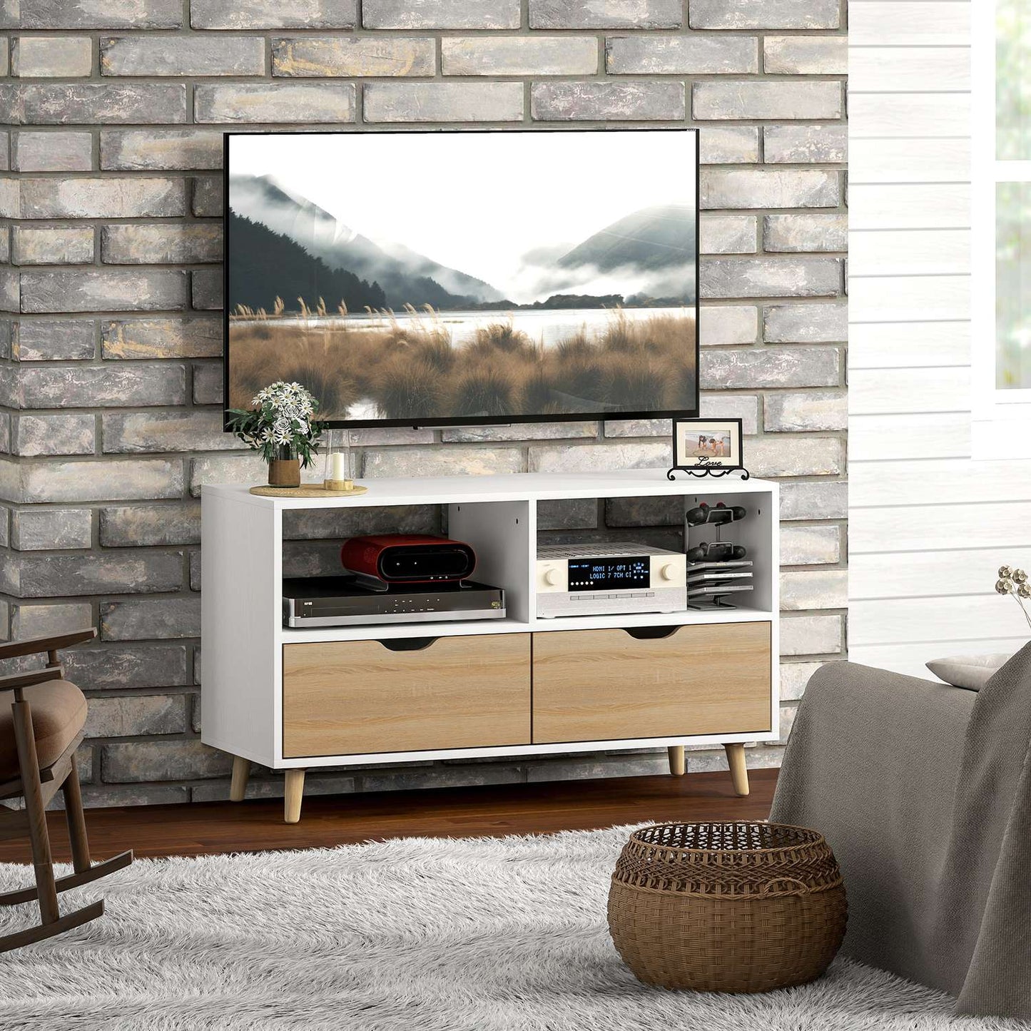 TV cabinet Lowboard, 99 cm, 2 shelves & Drawer, White