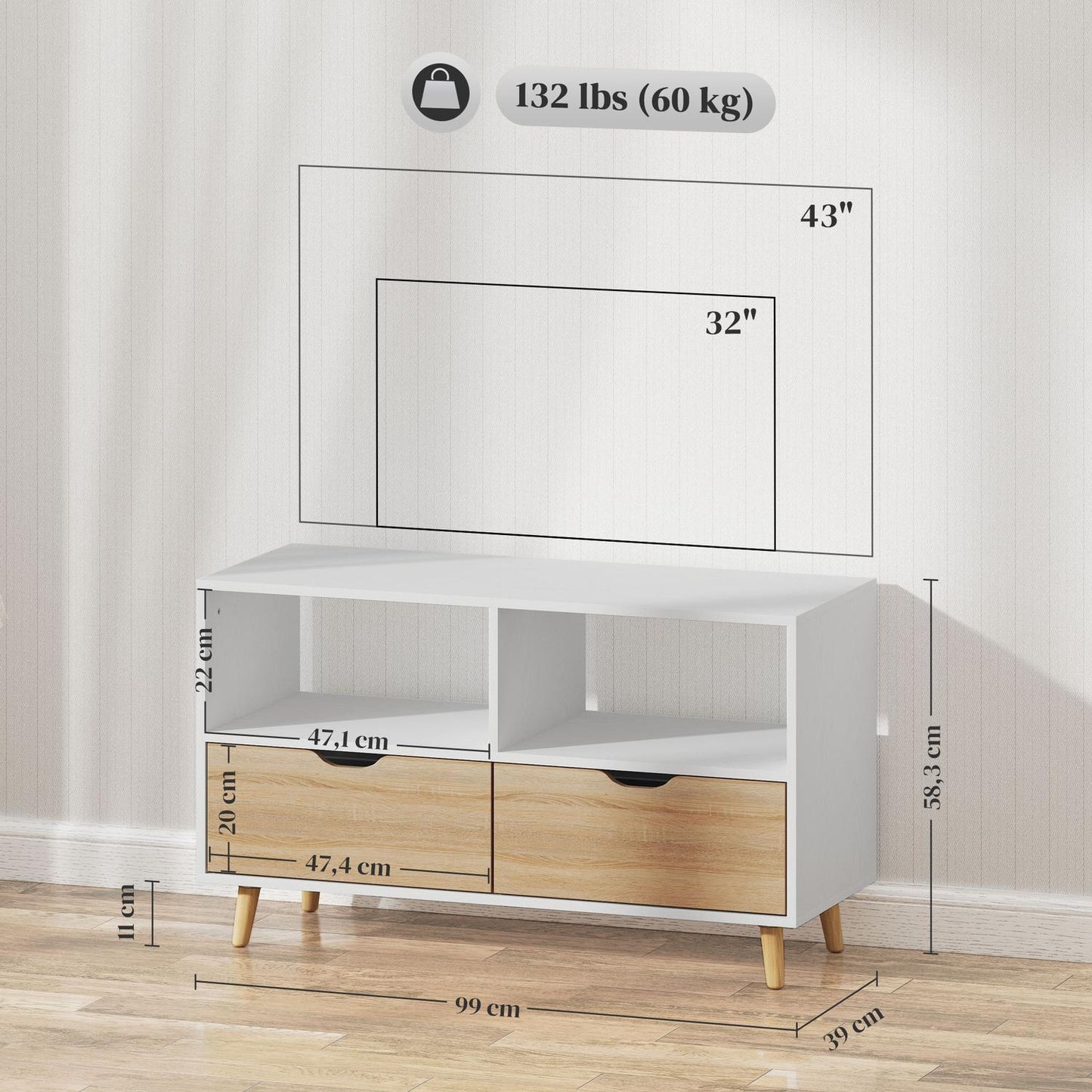 TV cabinet Lowboard, 99 cm, 2 shelves & Drawer, White