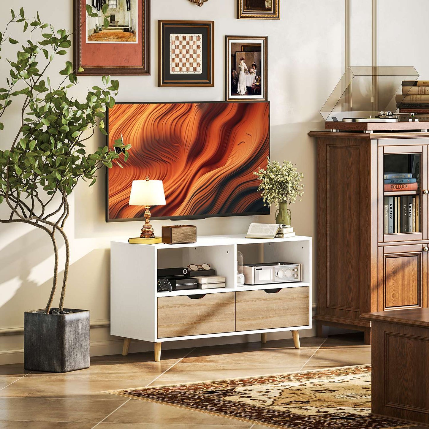 TV cabinet Lowboard, 99 cm, 2 shelves & Drawer, White