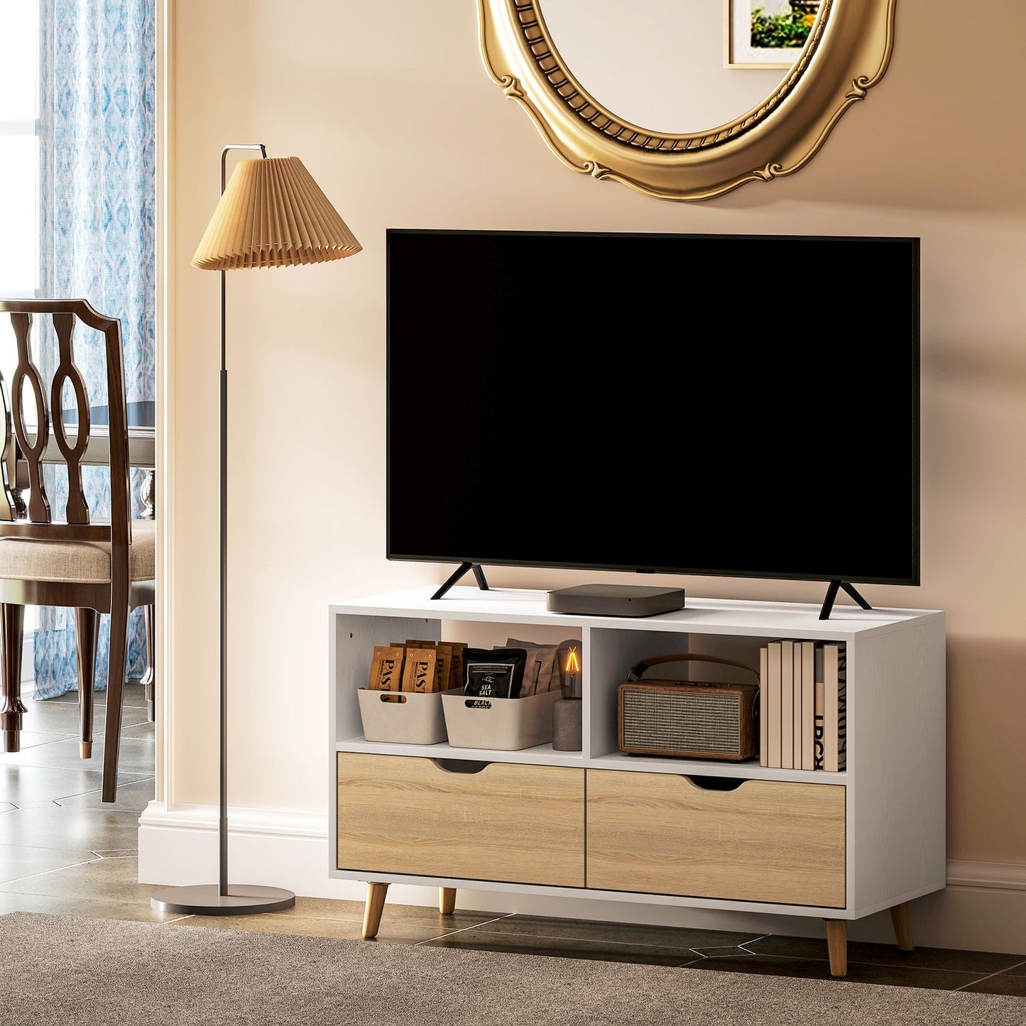 TV cabinet Lowboard, 99 cm, 2 shelves & Drawer, White