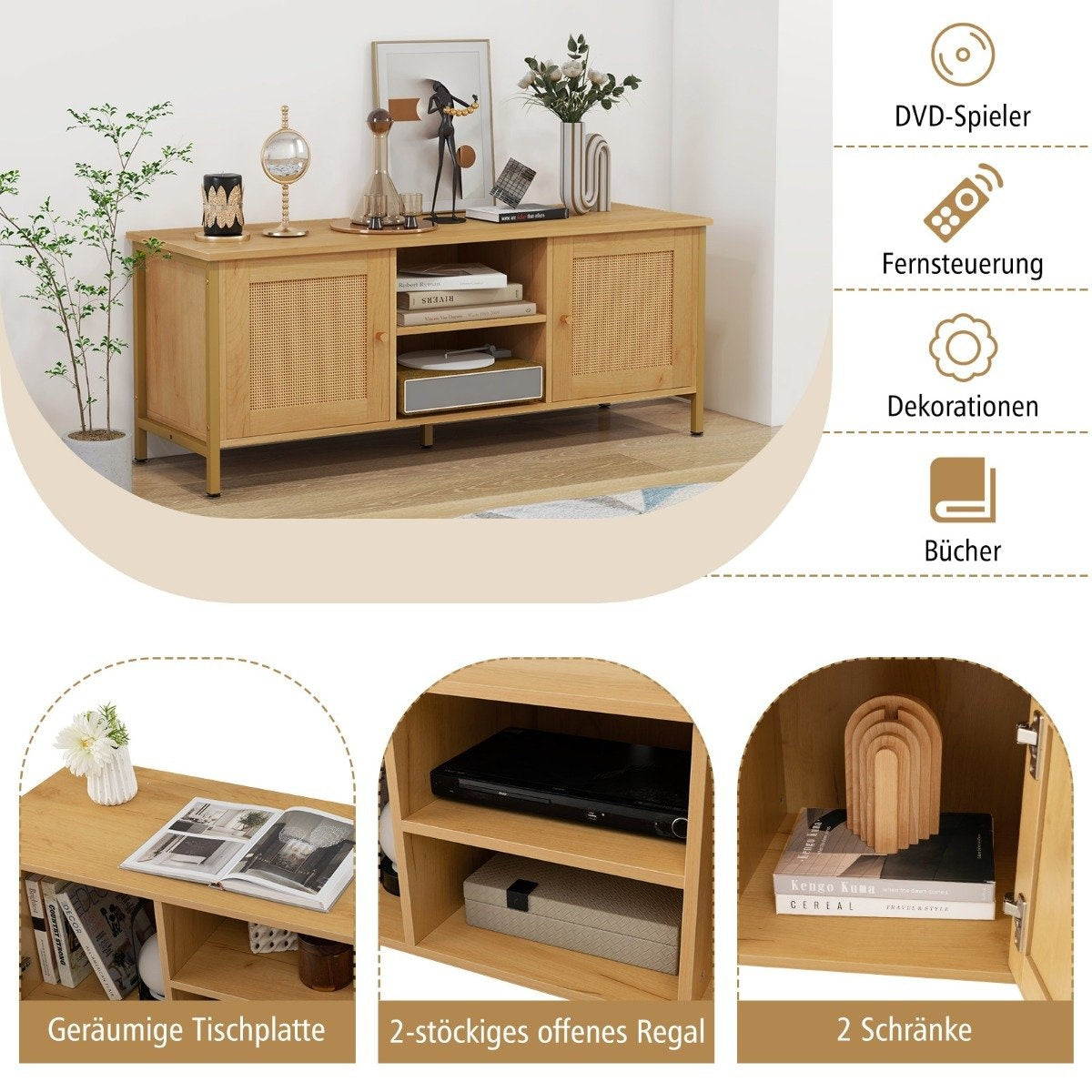 TV cabinet rattan lowboard with 2 doors and open shelves TV stand for televisions up to 55 inches 120 x 40 x 48 cm