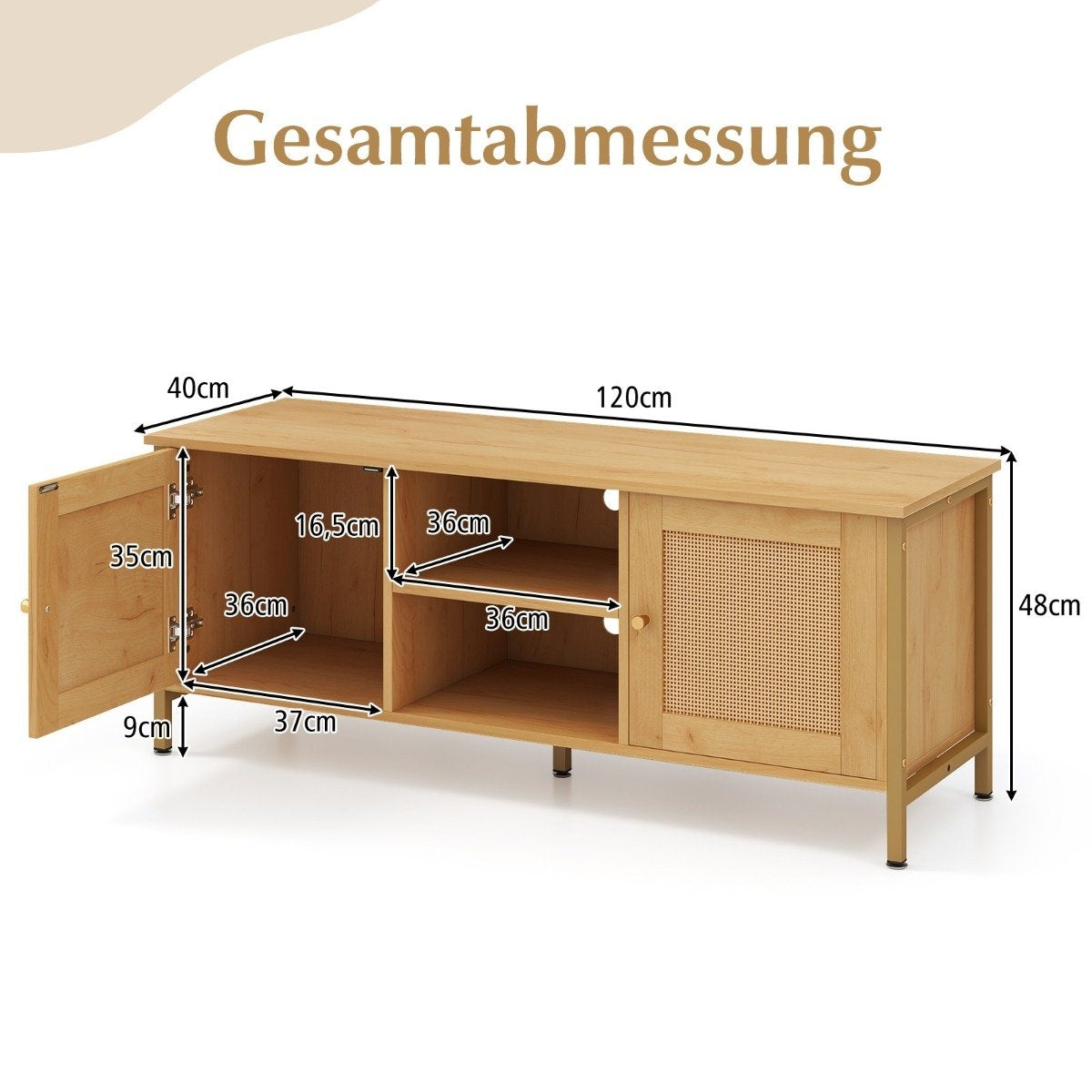 TV cabinet rattan lowboard with 2 doors and open shelves TV stand for televisions up to 55 inches 120 x 40 x 48 cm