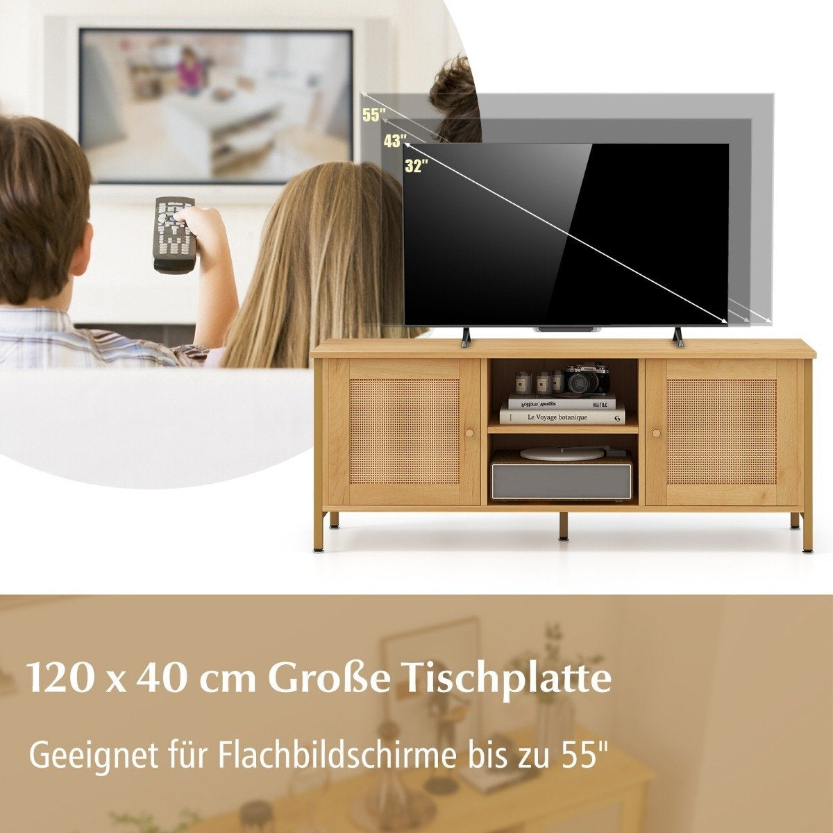 TV cabinet rattan lowboard with 2 doors and open shelves TV stand for televisions up to 55 inches 120 x 40 x 48 cm