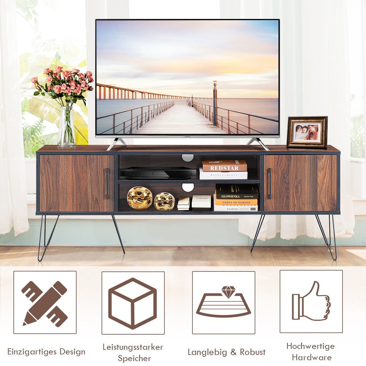TV cabinet with 2 doors & 2 open shelves & cable management holes for TVs up to 60 inches
