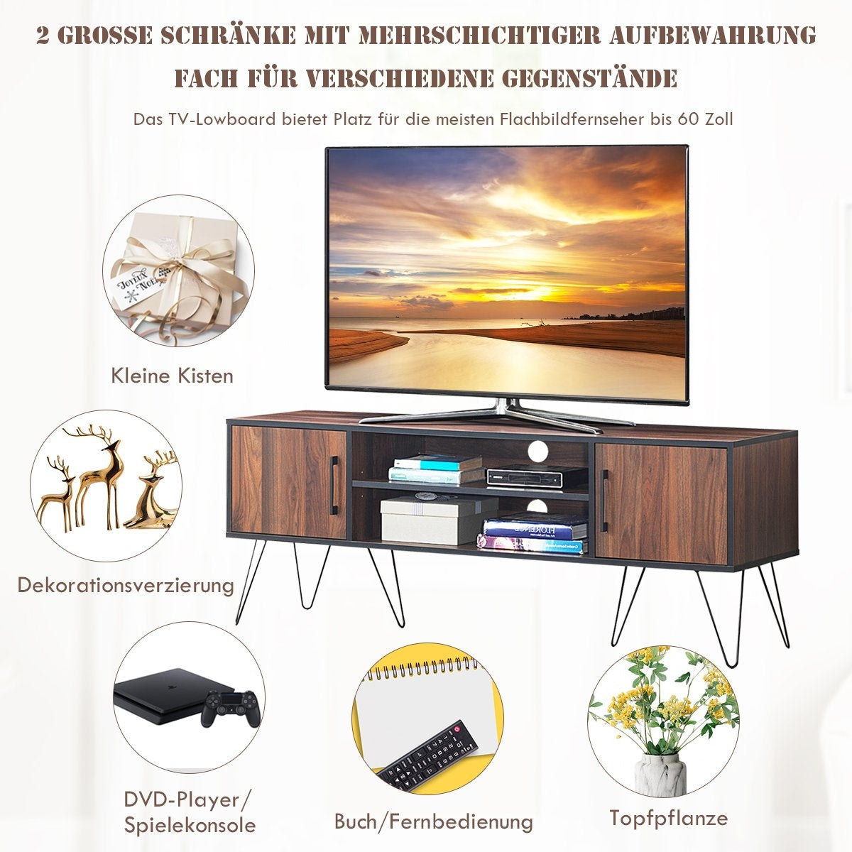 TV cabinet with 2 doors & 2 open shelves & cable management holes for TVs up to 60 inches