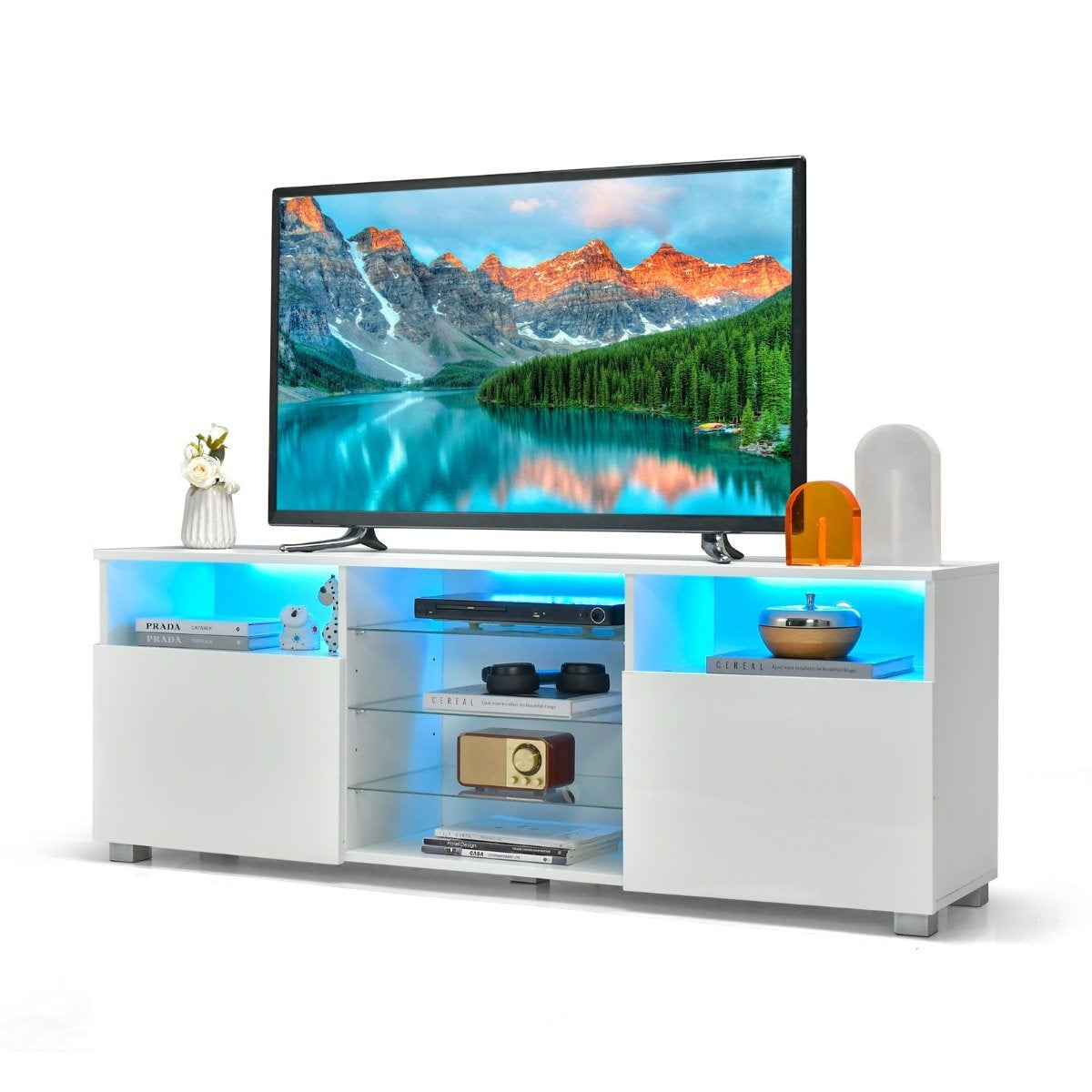 TV cabinet with LED lighting & 2 doors & adjustable glass shelves TV stand