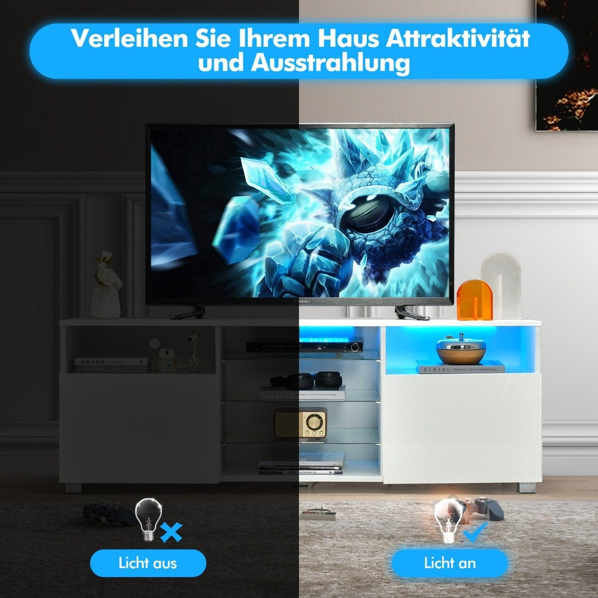 TV cabinet with LED lighting & 2 doors & adjustable glass shelves TV stand