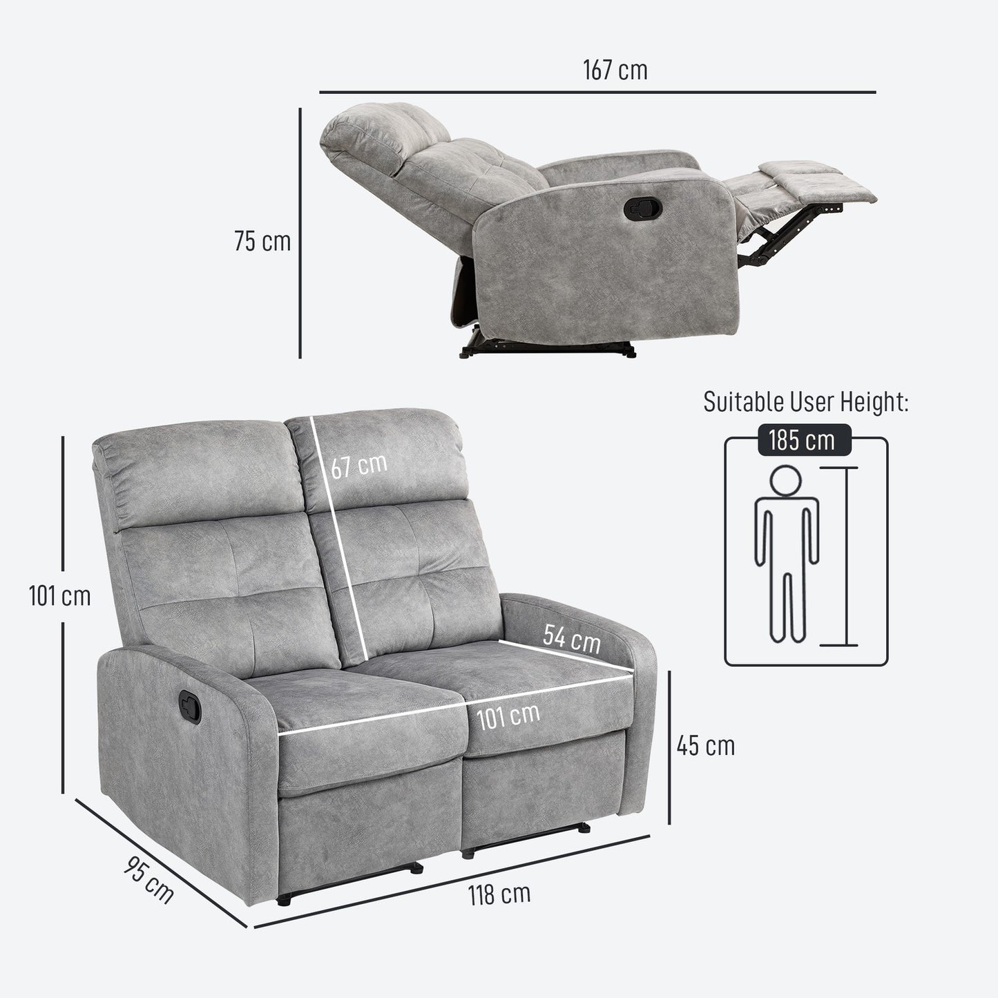 Recliner sofa, 2-seater with footrest, Pocket Spring, Grey