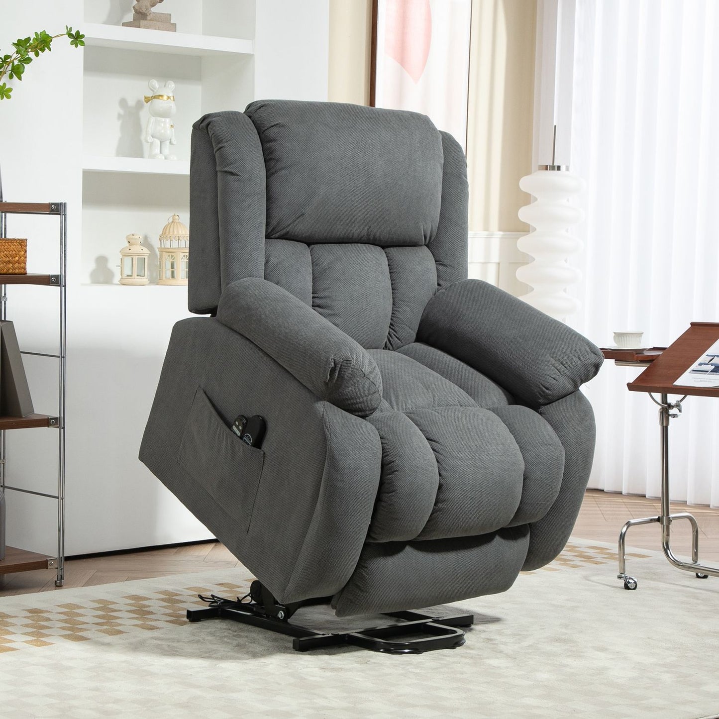 TV chair with massage and heat function, electric riser, remote control, side pockets, grey