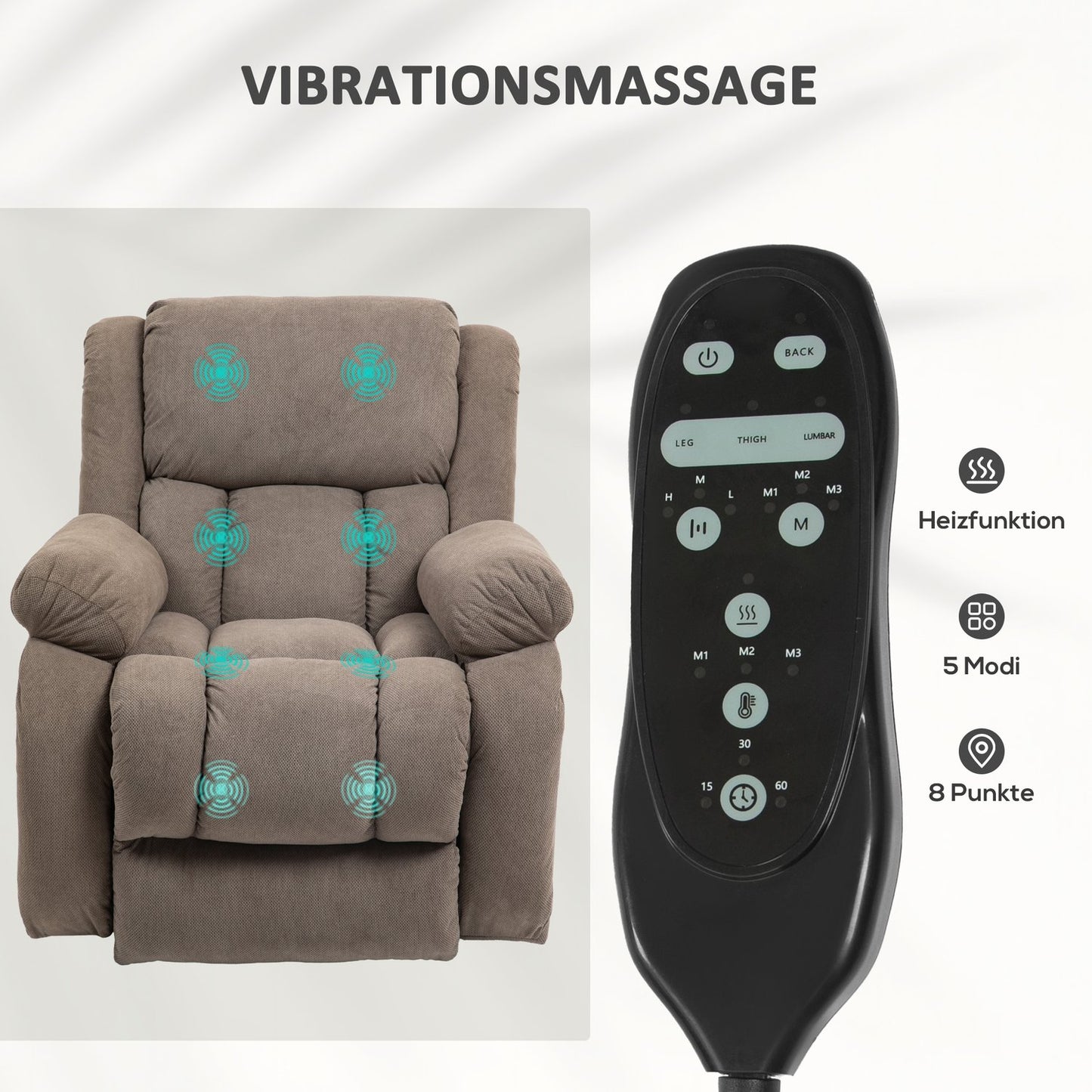Electric recliner with massage and heating, light brown