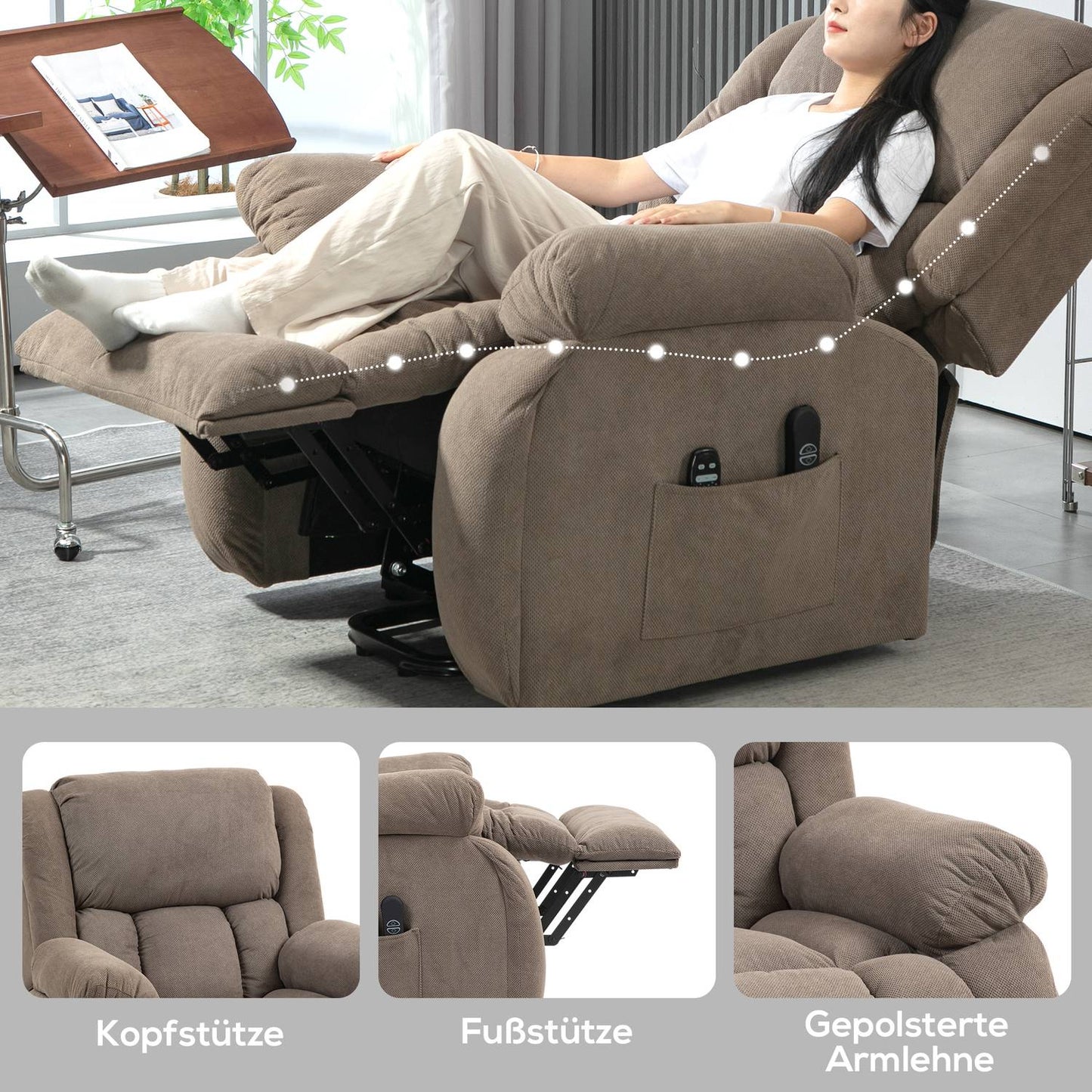 Electric recliner with massage and heating, light brown