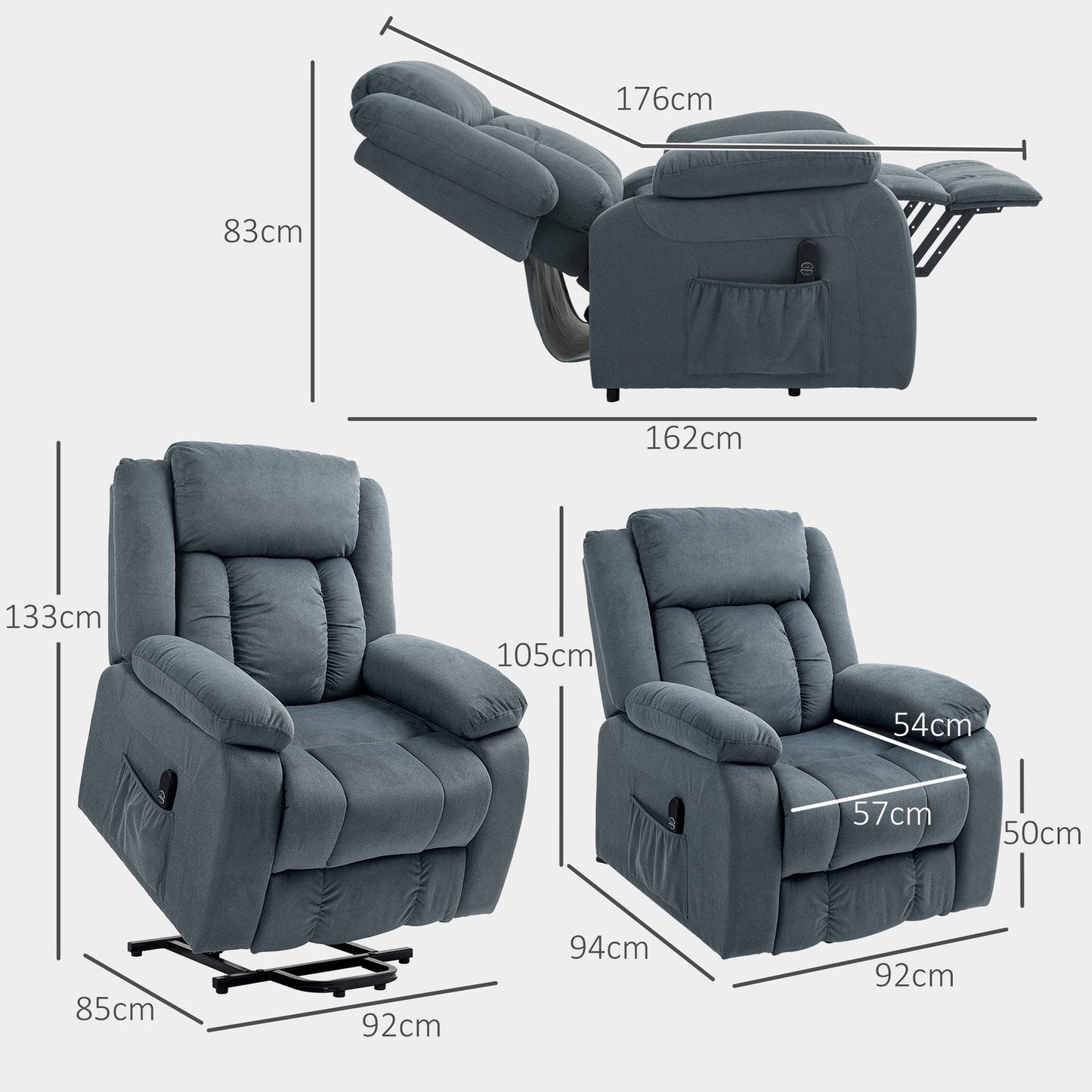 Electric recliner with remote control and side pocket, gray velvet