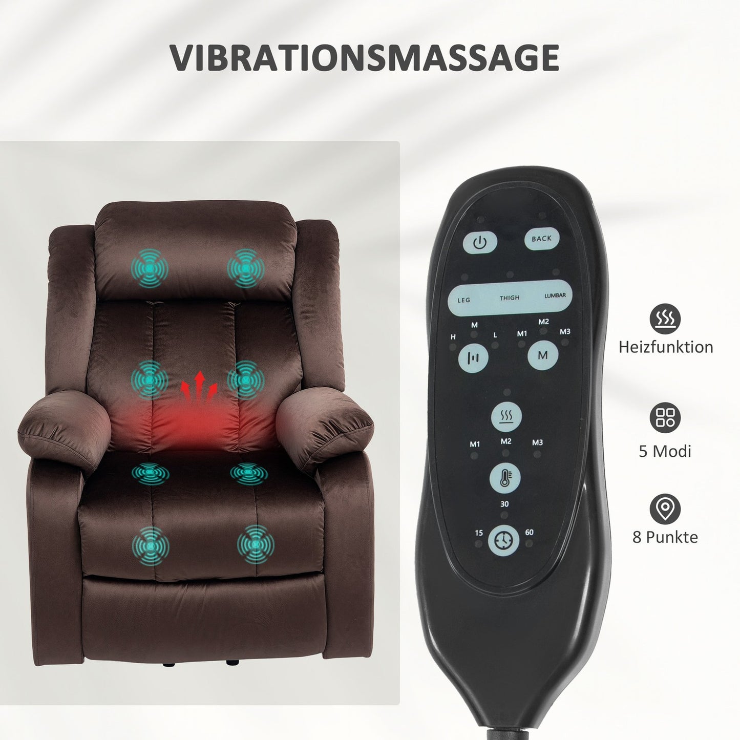 Electric recliner TV chair with massage and heating, brown