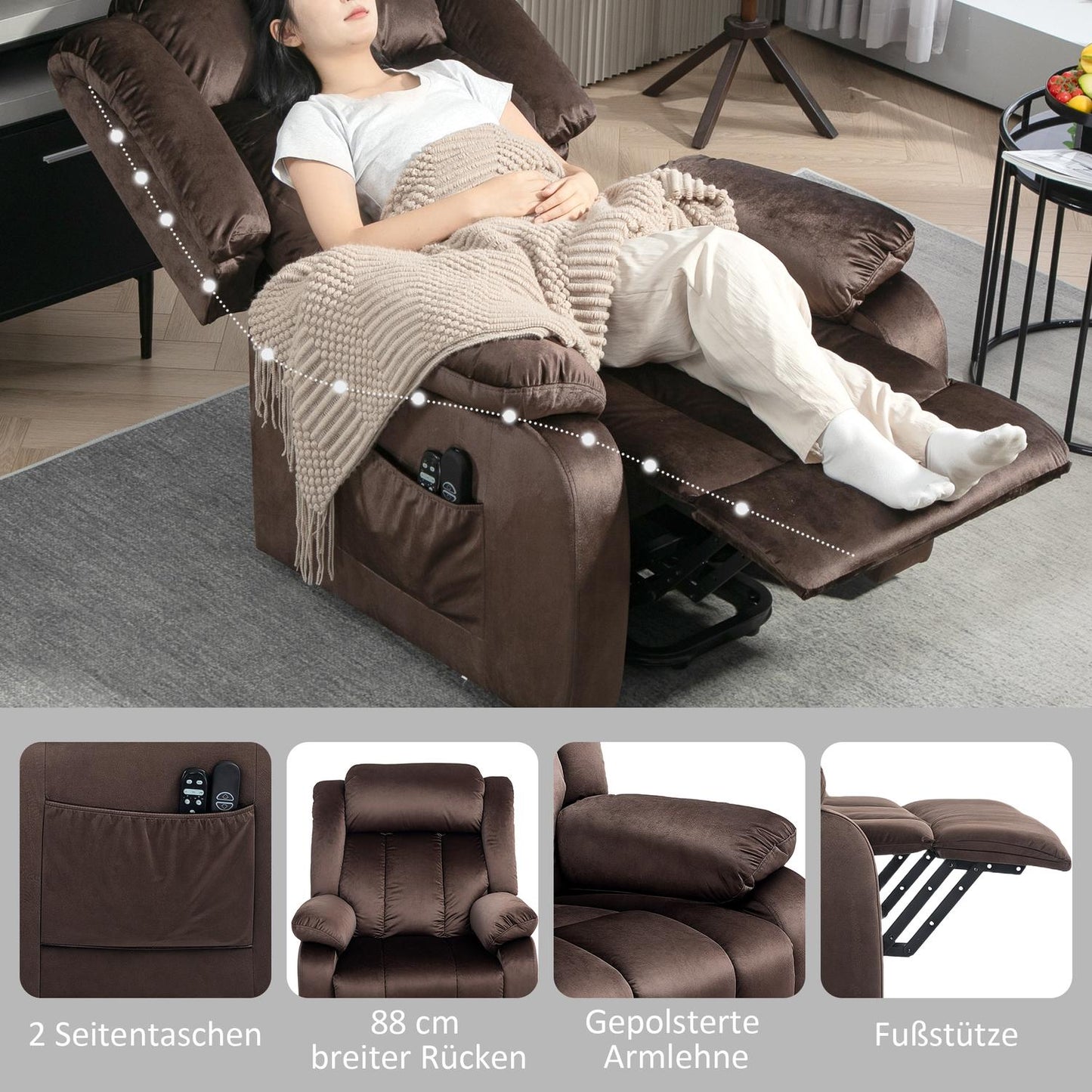 Electric recliner TV chair with massage and heating, brown
