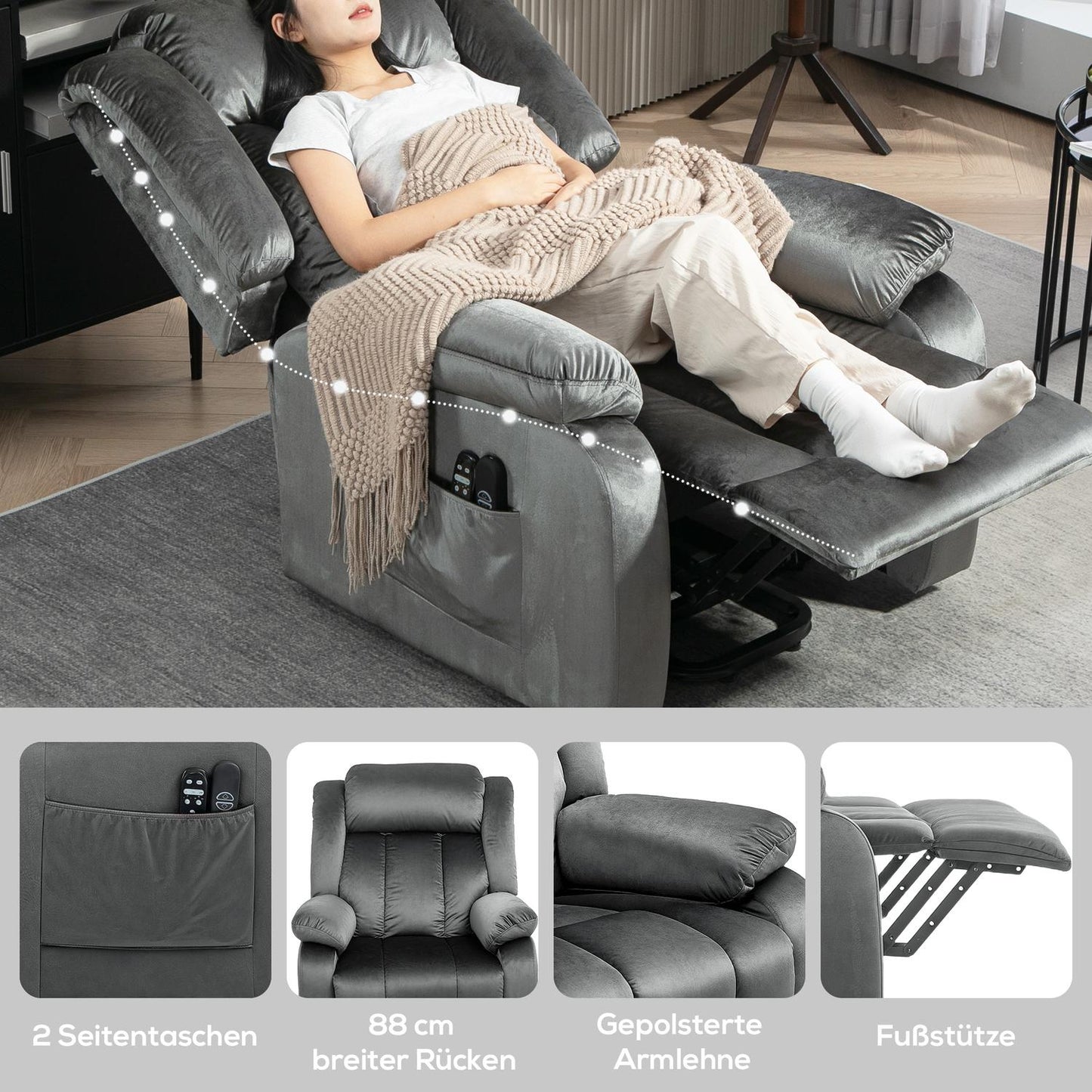 Electric reclining TV chair with heating & massage, dark grey