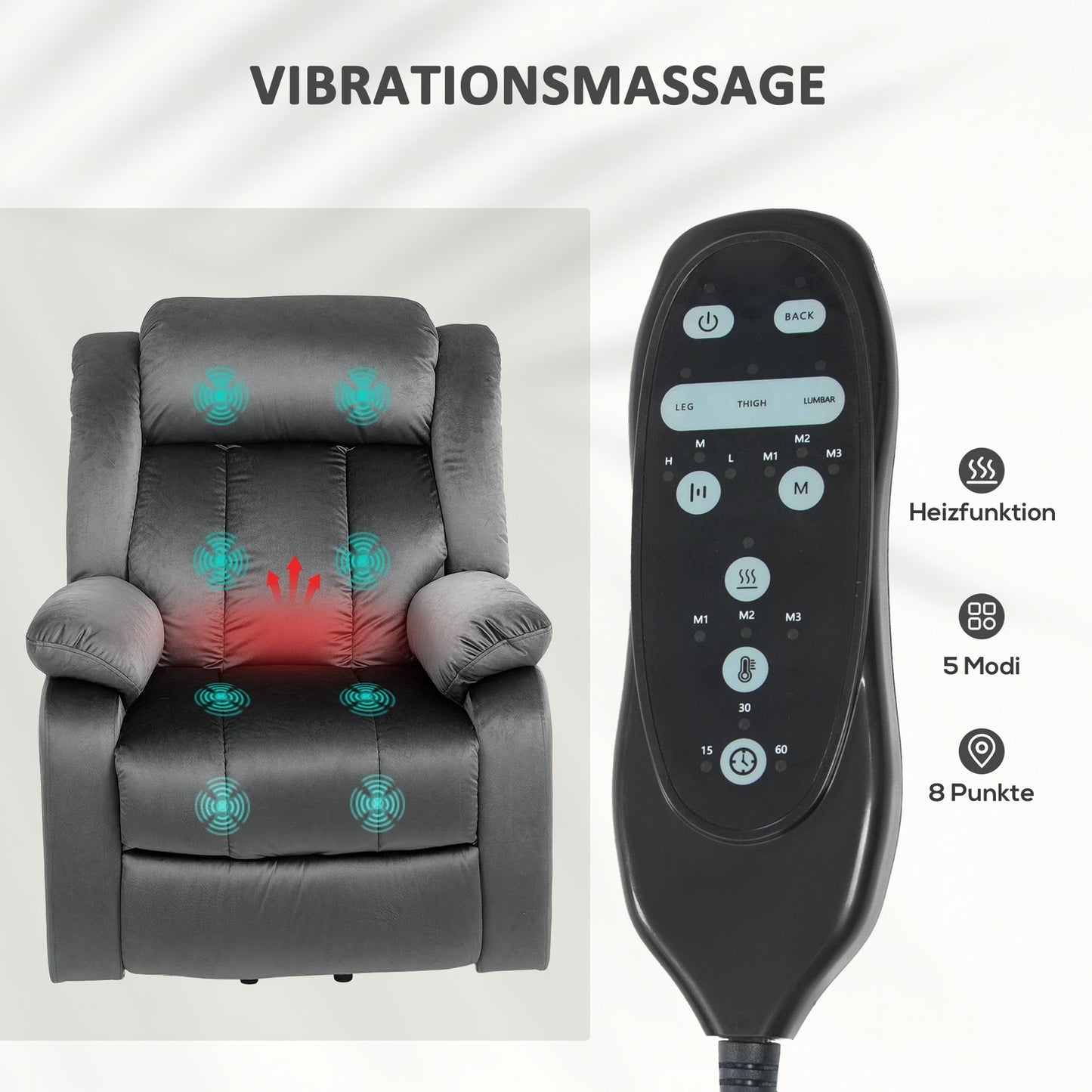 Electric reclining TV chair with heating & massage, dark grey