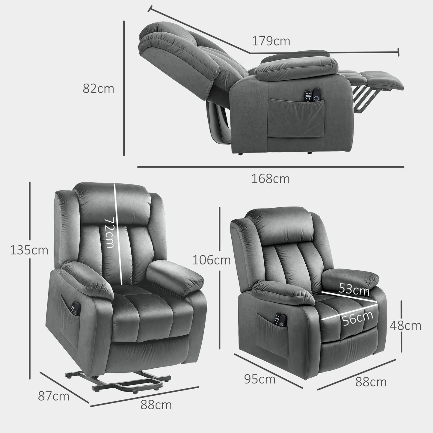 Electric reclining TV chair with heating & massage, dark grey