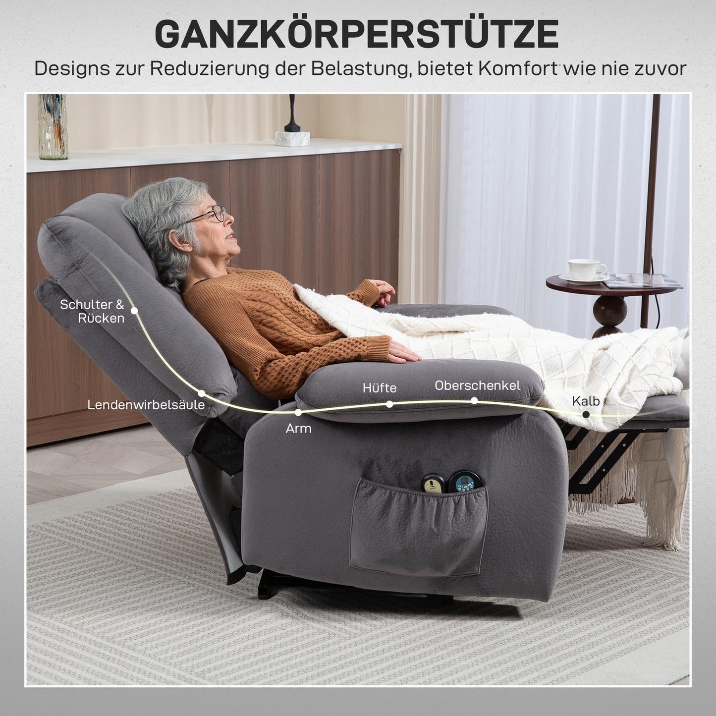 TV chair with stand-up aid, heat and massage function, remote control and side pocket, dark grey