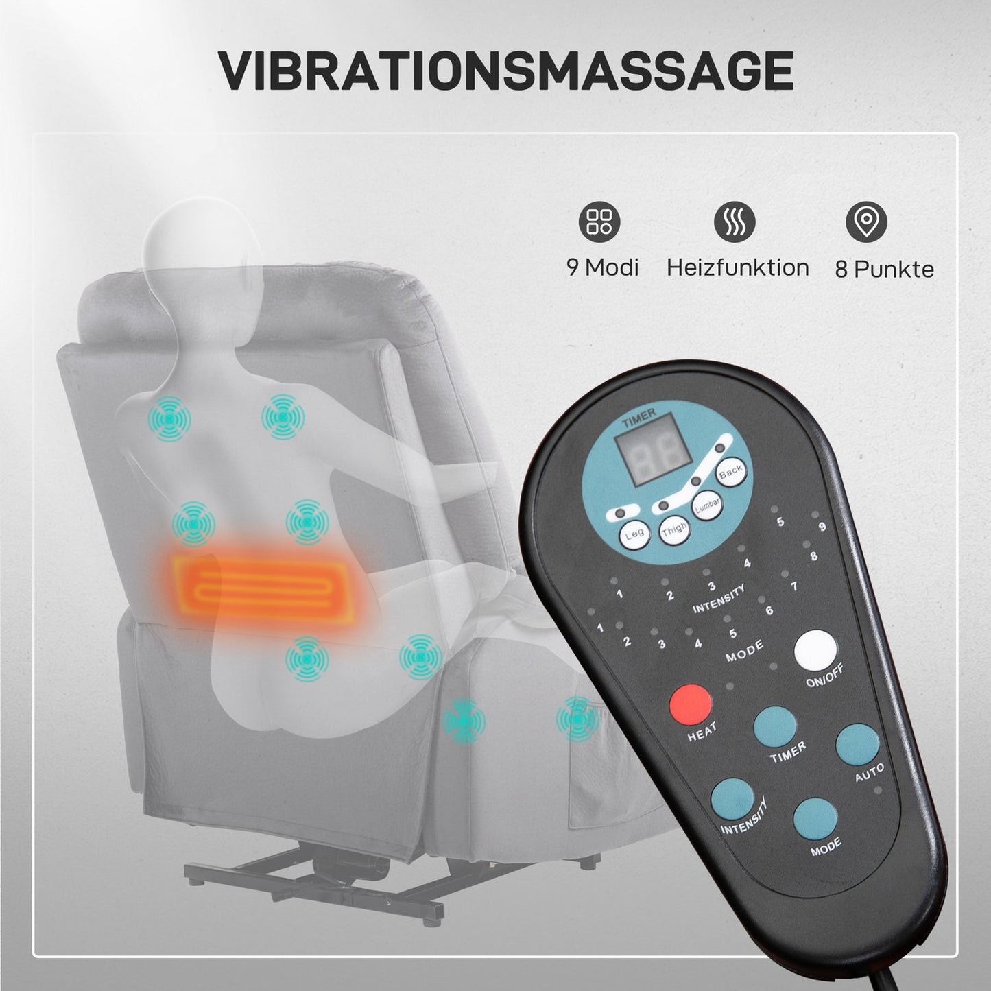 TV chair with stand-up aid, heat and massage function, remote control and side pocket, dark grey