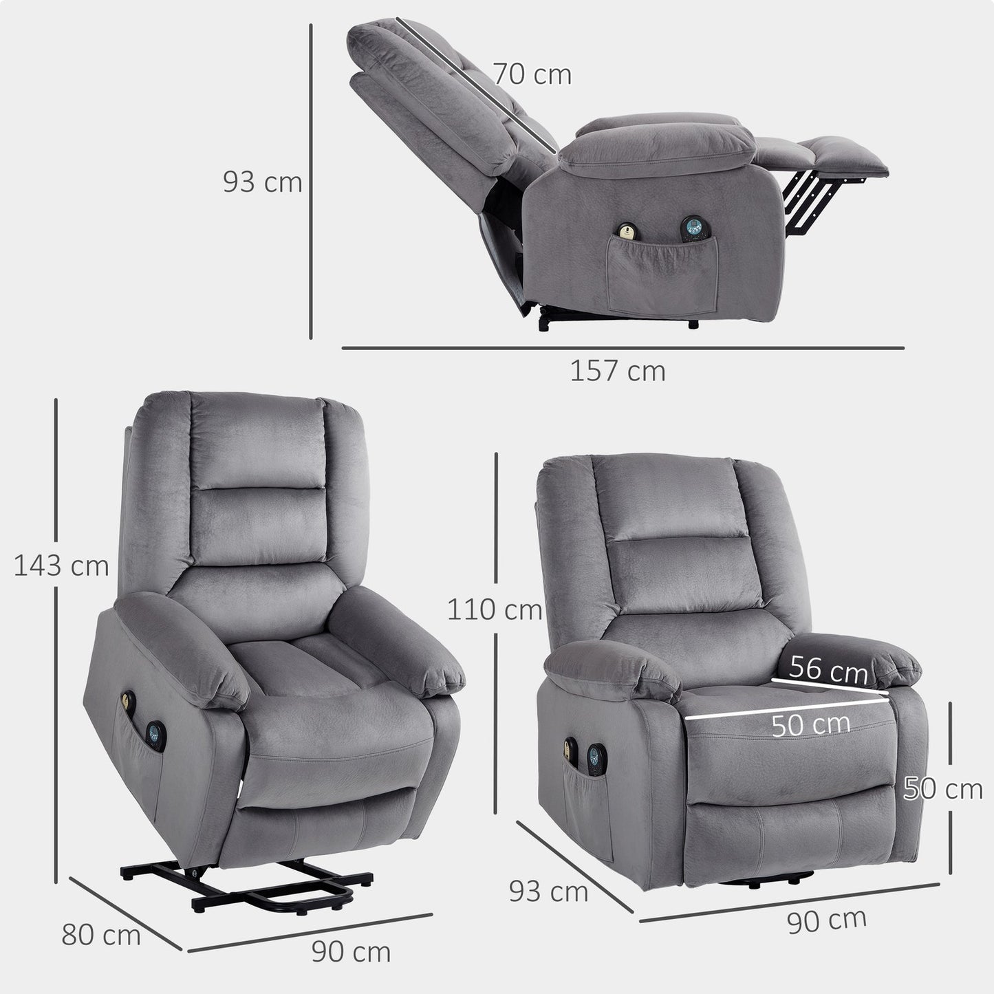 TV chair with stand-up aid, heat and massage function, remote control and side pocket, dark grey