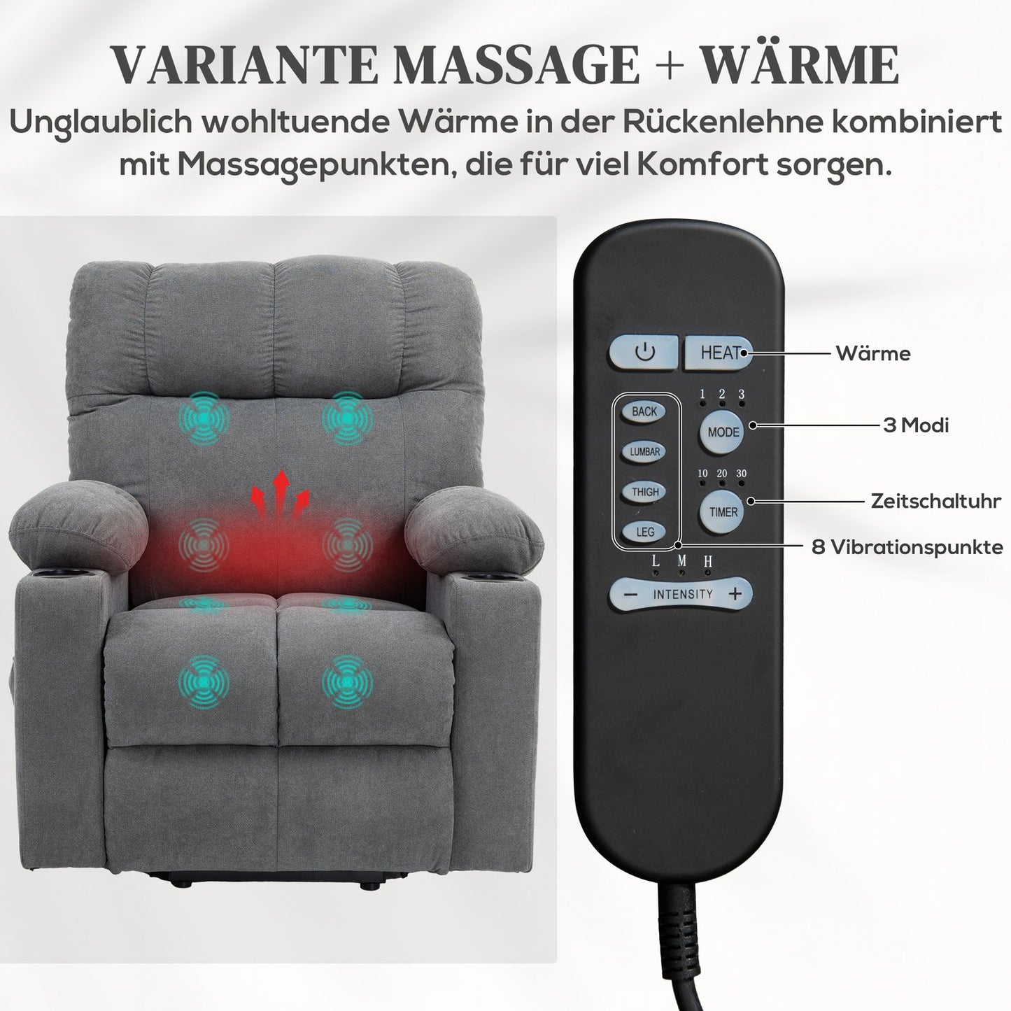 Lounger with standing aid, massage and height adjustment