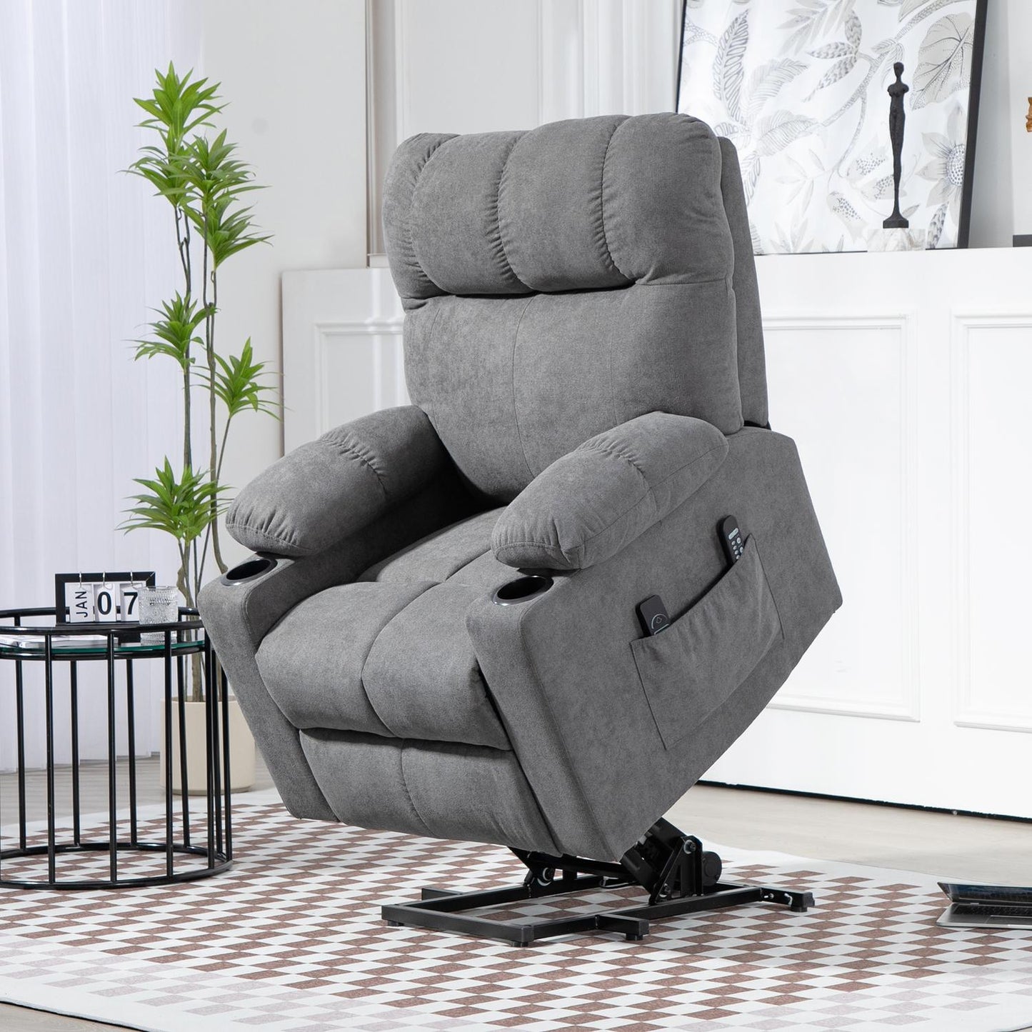 Lounger with standing aid, massage and height adjustment