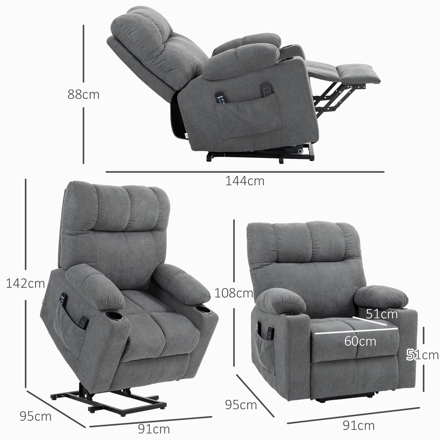 Lounger with standing aid, massage and height adjustment