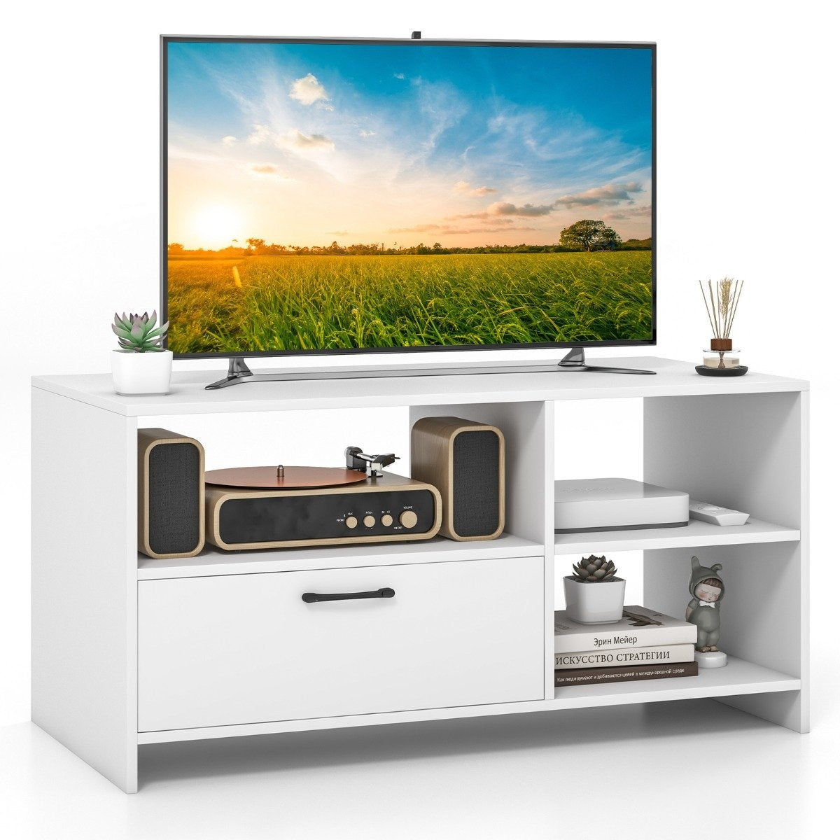 TV stand TV cabinet for television with open compartments and drawer 104.5 x 51.5 x 52 cm white