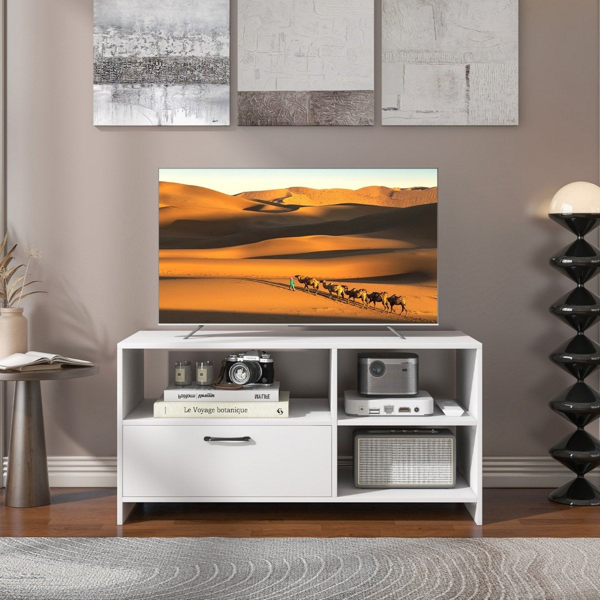 TV stand TV cabinet for television with open compartments and drawer 104.5 x 51.5 x 52 cm white