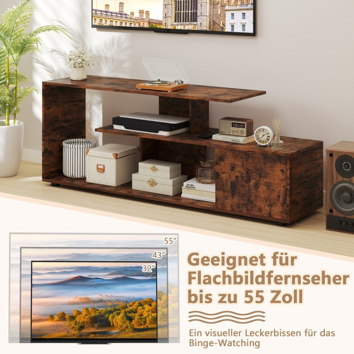 TV stand for TVs up to 55 inches with shelves &amp; Cabinet TV cabinet lowboard brown