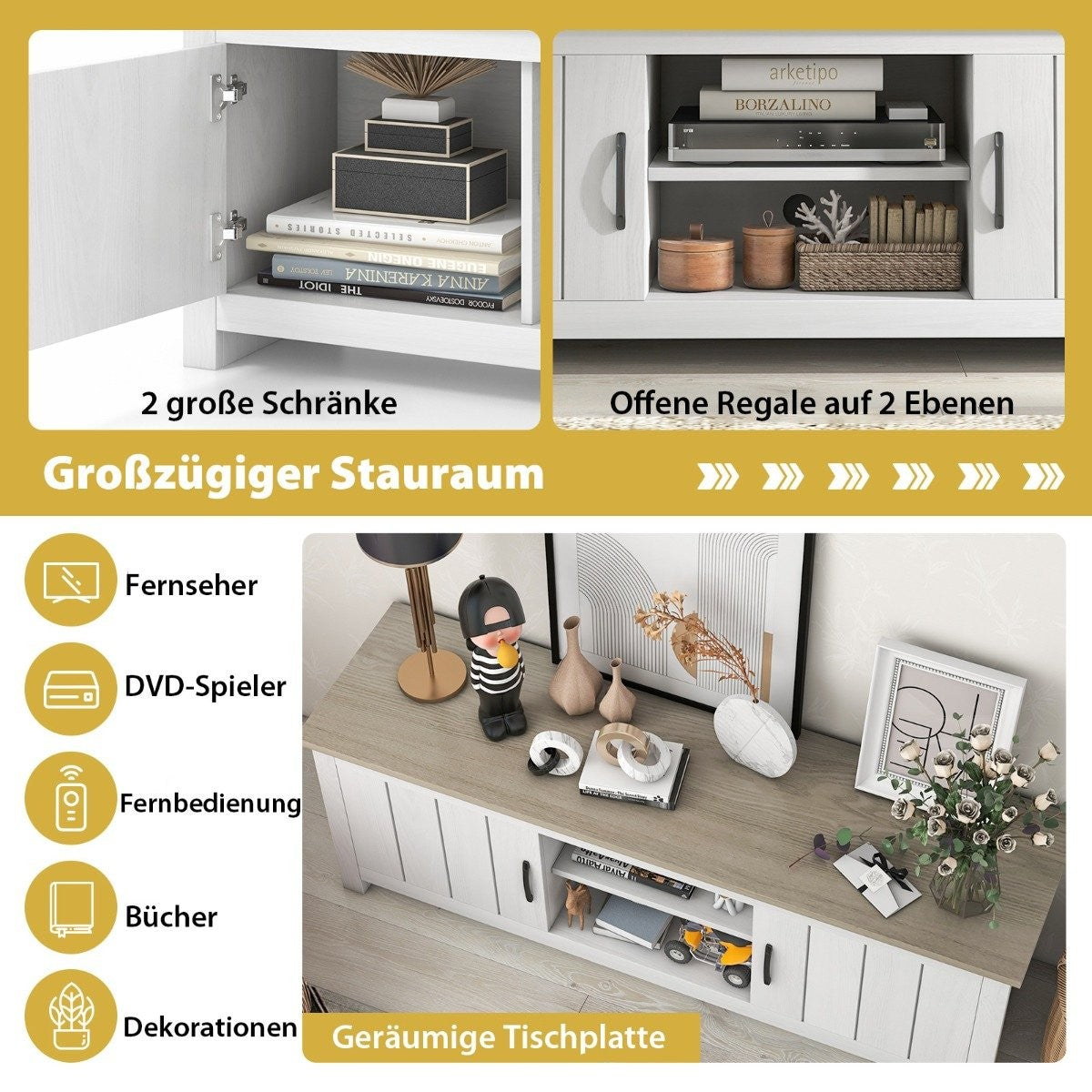 TV stand with 2 doors & 2 cabinets & open shelves TV stand for TVs up to 65" light gray