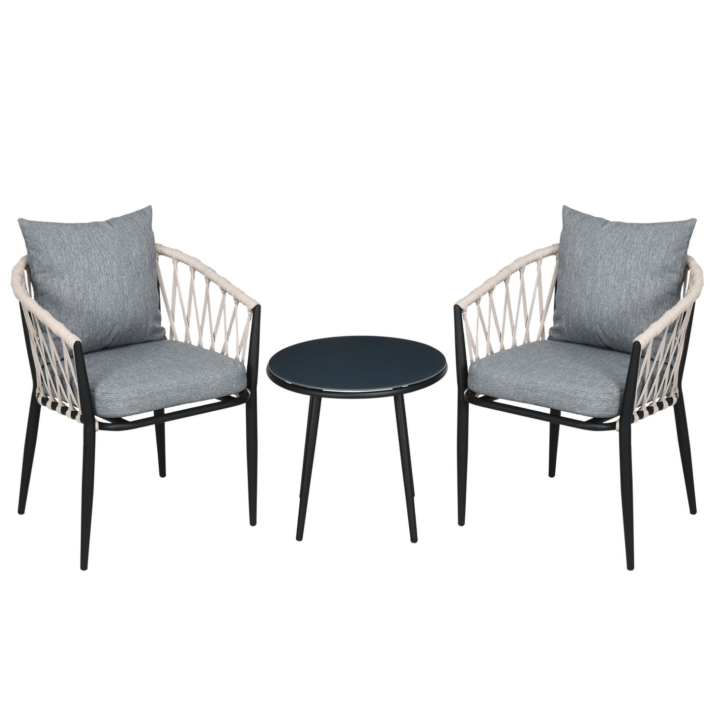 Balcony set - Steel table & 2 chairs with cushions, grey