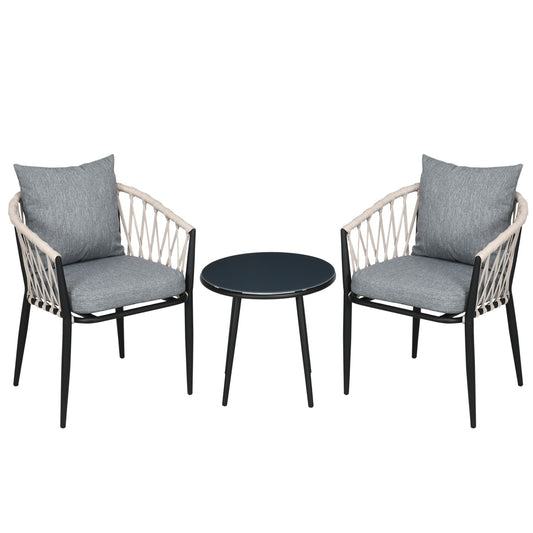 Balcony set - Steel table & 2 chairs with cushions, grey