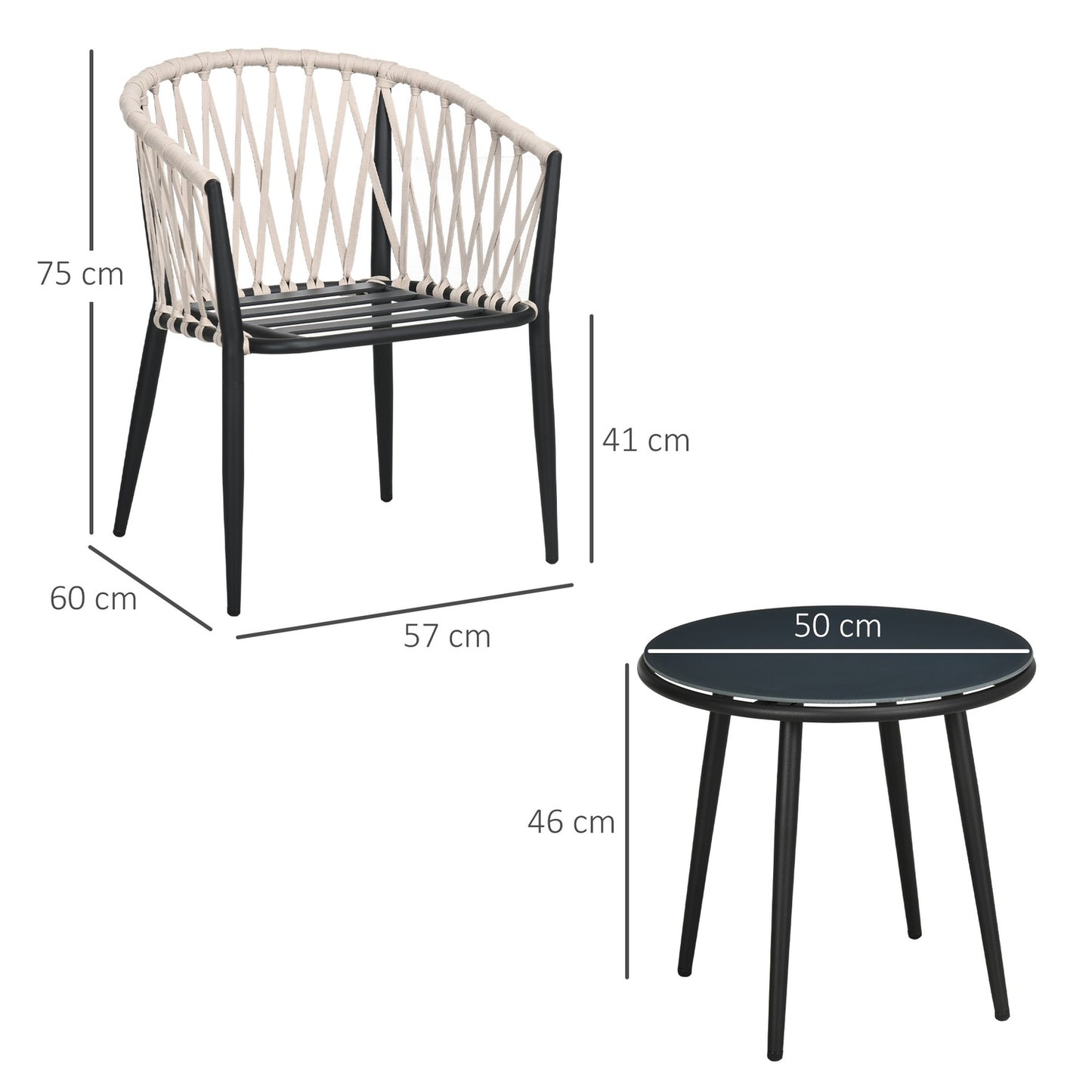 Balcony set - Steel table & 2 chairs with cushions, grey