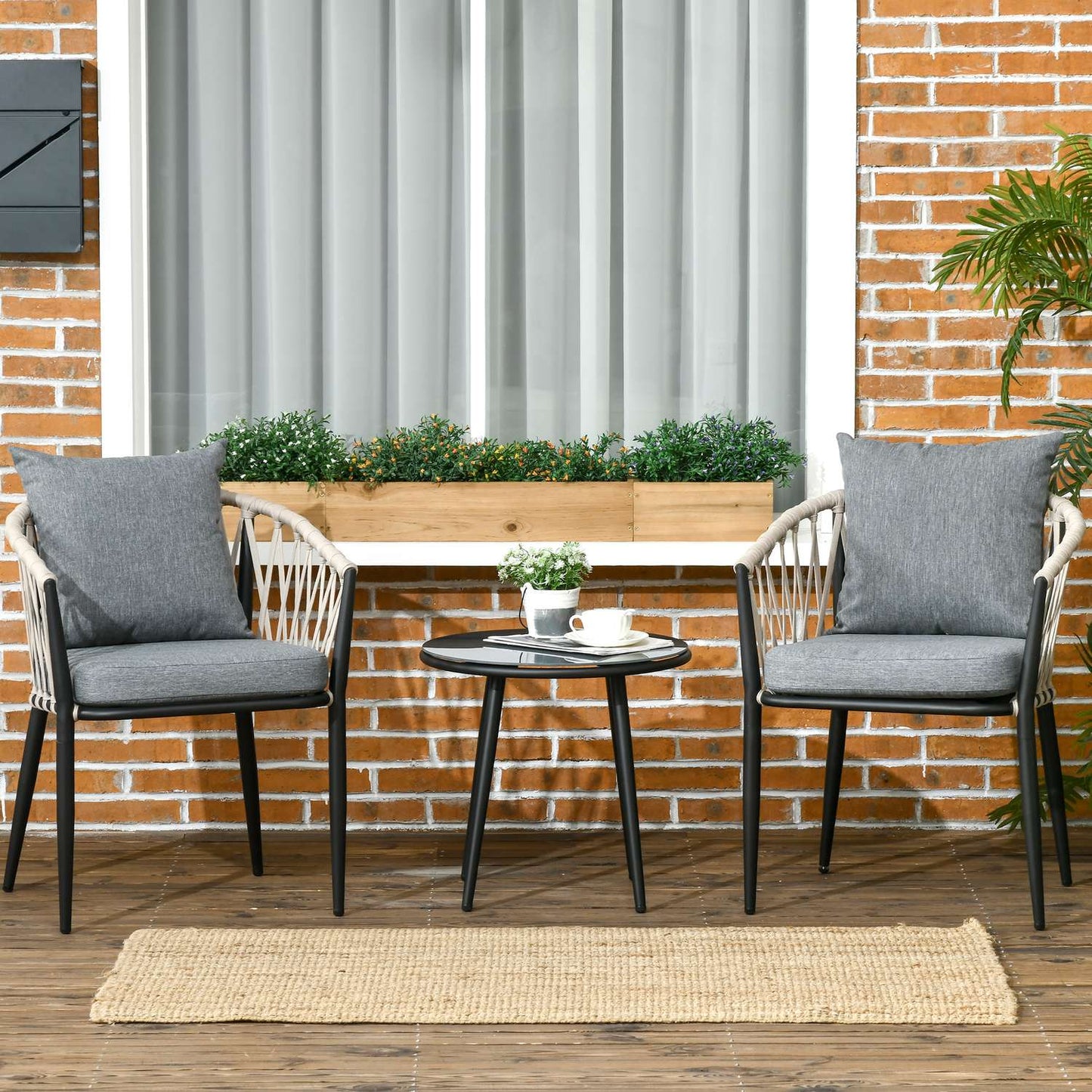 Balcony set - Steel table & 2 chairs with cushions, grey