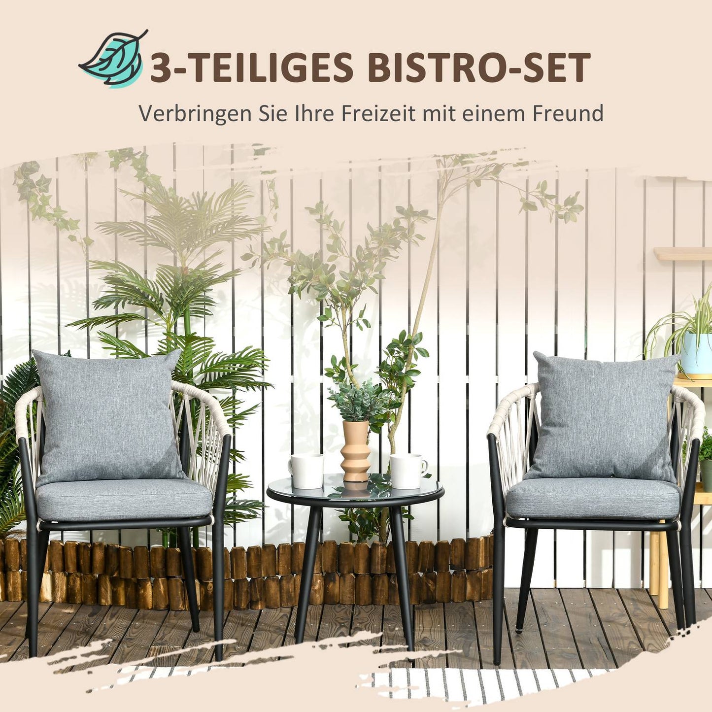 Balcony set - Steel table & 2 chairs with cushions, grey